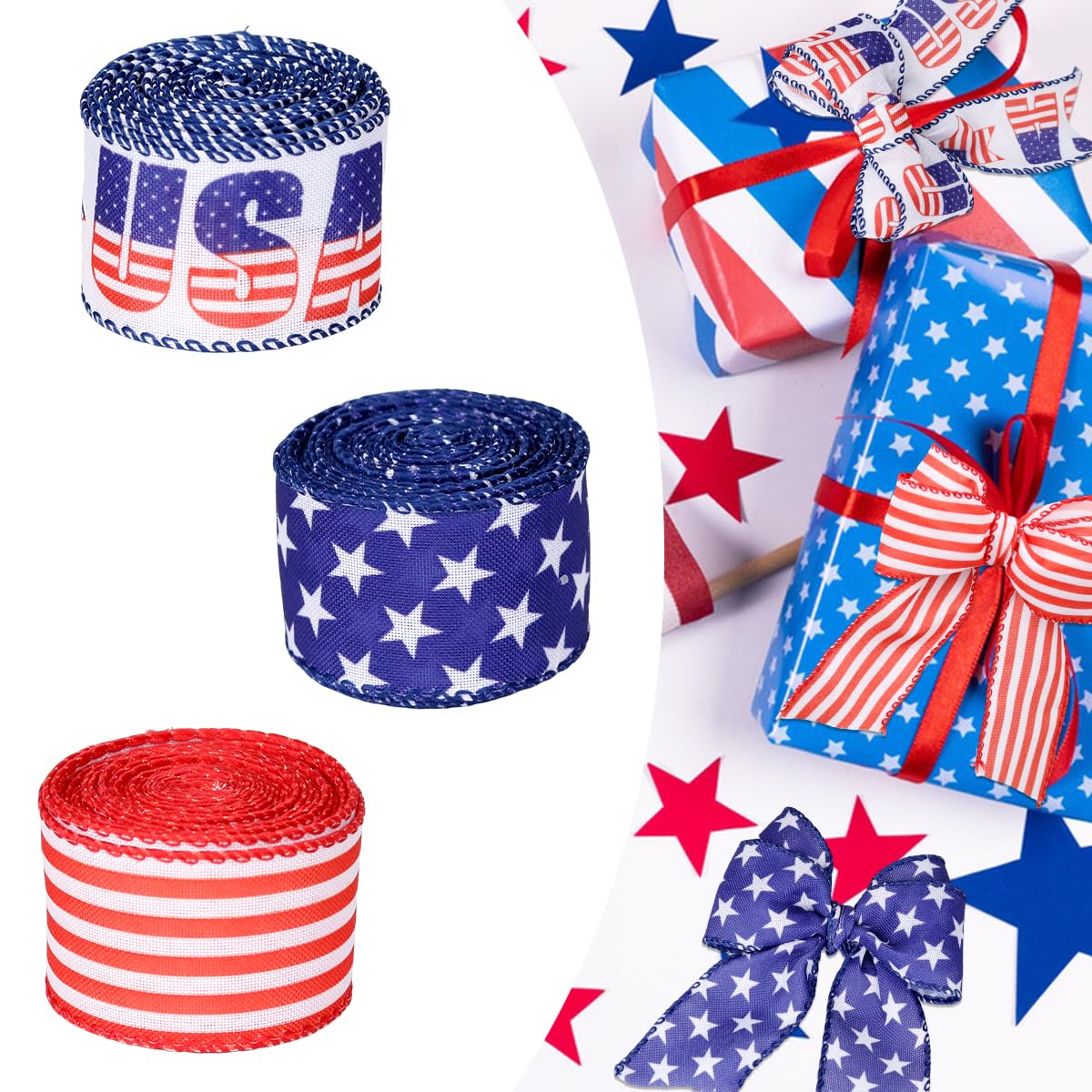 3 Rolls Patriotic Wired Edge Ribbon 9.9 Yard 4th of July Stars and Stripes Ribbons Red White Blue Ribbon for Wrapping Crafts Decoration, Independence Day,1.5 inch Width (Blue,Red,White)
