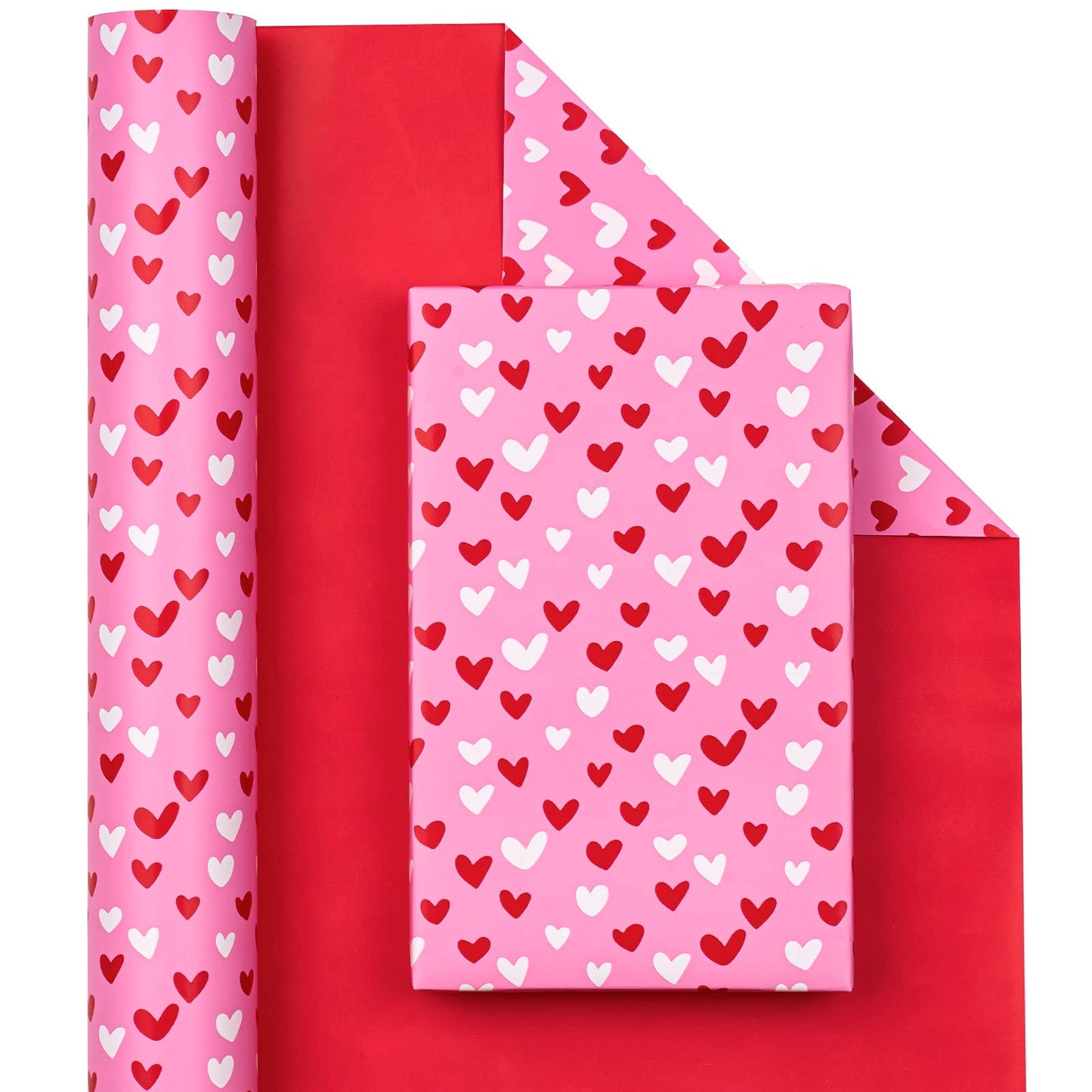 Reversible Valentine's Day Wrapping Paper - Mini Roll - 17 Inch X 33 Feet - Pink and Red Heart Design for Valentine's Day, Anniversary, Birthday, Wedding, Baby Shower