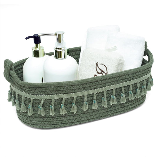 HOSROOME Small Cotton Rope Woven Basket Toilet Paper Baskets for Organizing Decorative Basket for Boho Decor Small Storage Basket for Bedroom Nursery Livingroom Entryway,Green