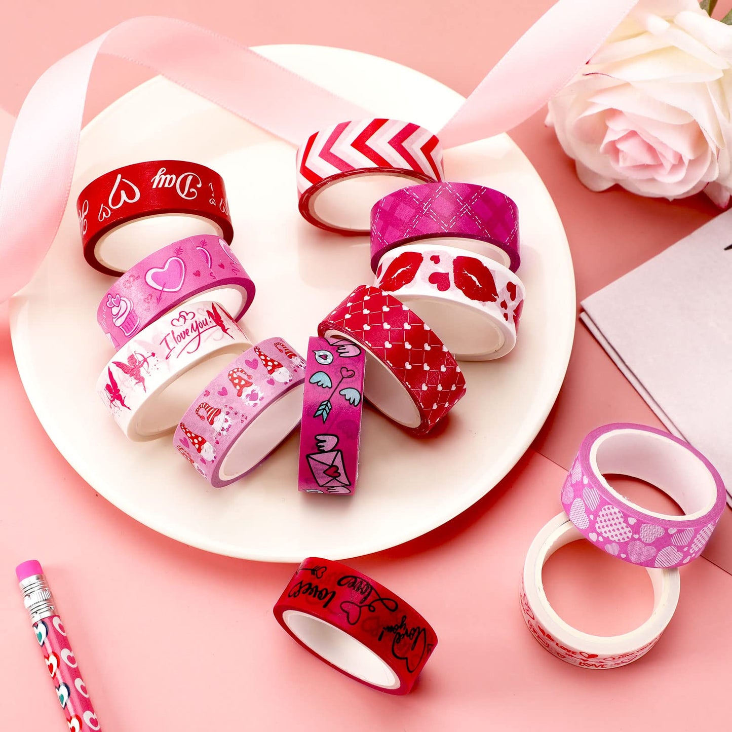 12 Rolls Valentine's Day Washi Tape 15mm Red Pink Love Valentines Masking Tapes Wedding Party Decorations for DIY Scrapbook Journal Card and Gift Wrapping