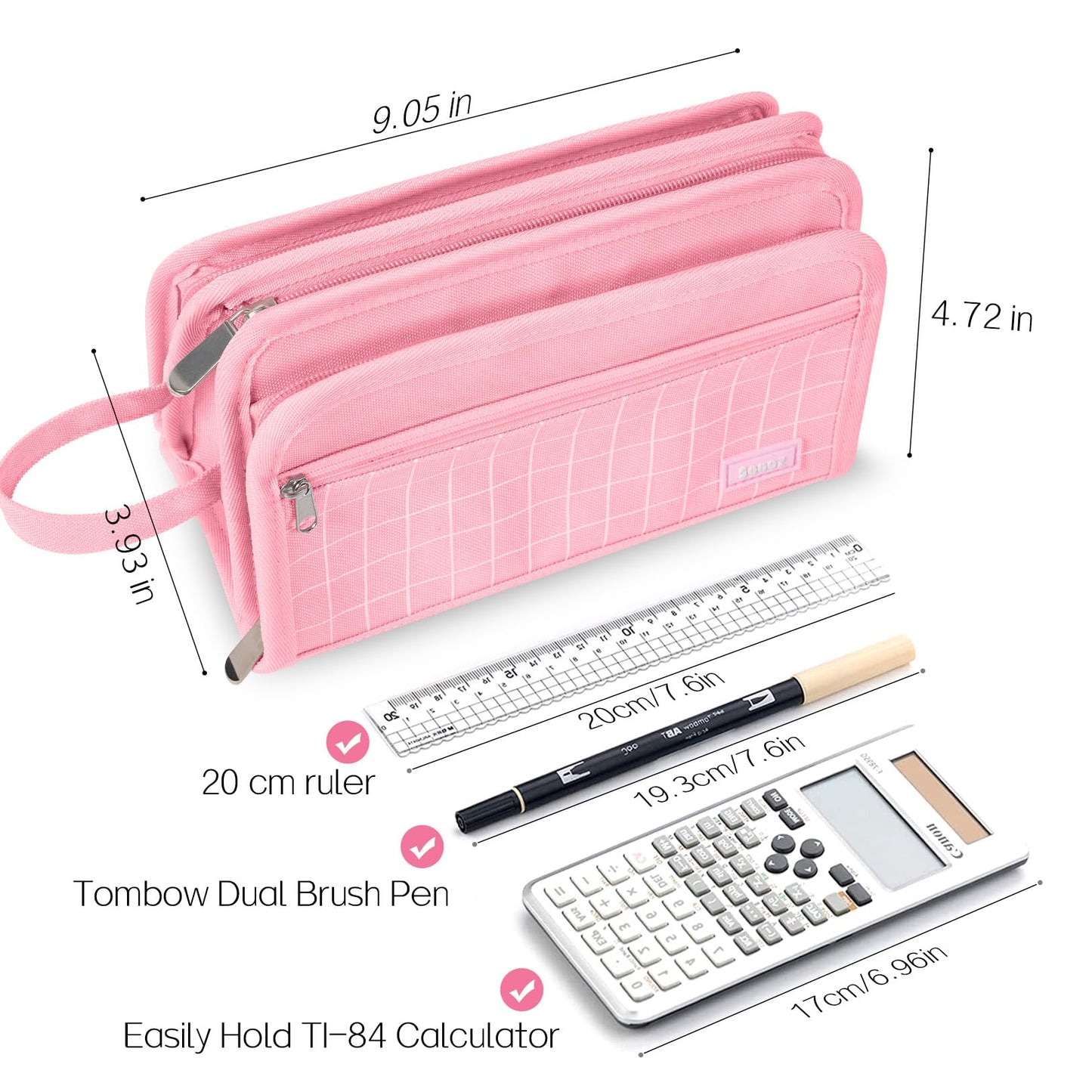 Sooez Large Pencil Case, Big Capacity Pencil Pouch Pen Bag with 3 Compartment, Portable Canvas Stationery Organizer with Zipper, Cute Aesthetic School Supplies for Teen Girls, Purple with Plaid