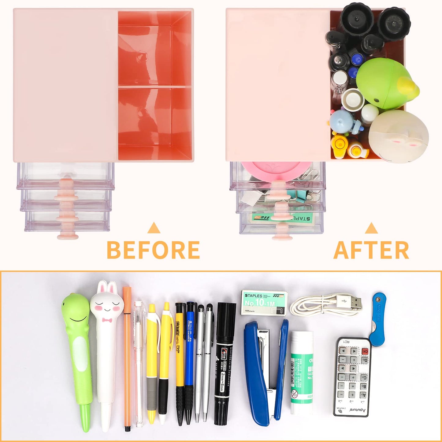 Toplive Desk Pencil Pen Holder, Office Desk Organizers Desktop Storage Pen Organizers with 3 Independent Drawers Stationery Supplies for Office,School,Home,Pink