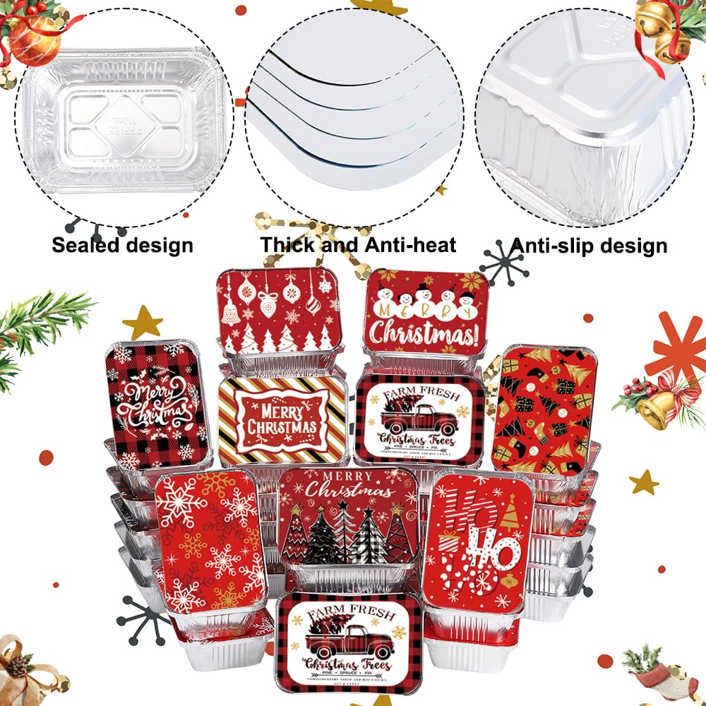 36PCS Christmas Aluminum Food Containers with Lids 9 Styles Merry Christmas Foil Leftover Containers Disposable Cookie Tins Storage Pans for Winter Holiday Gift Giving Party Supplies (Style A)