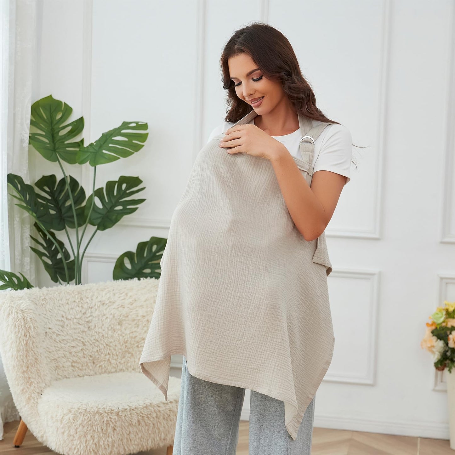 Muslin Nursing Cover for Breastfeeding, Breathable 100% Cotton Privacy Nursing Covers with Rigid Hoop for Mother Nursing Apron, Soft Arch Neckline Nursing Apron (Summer Wheat)