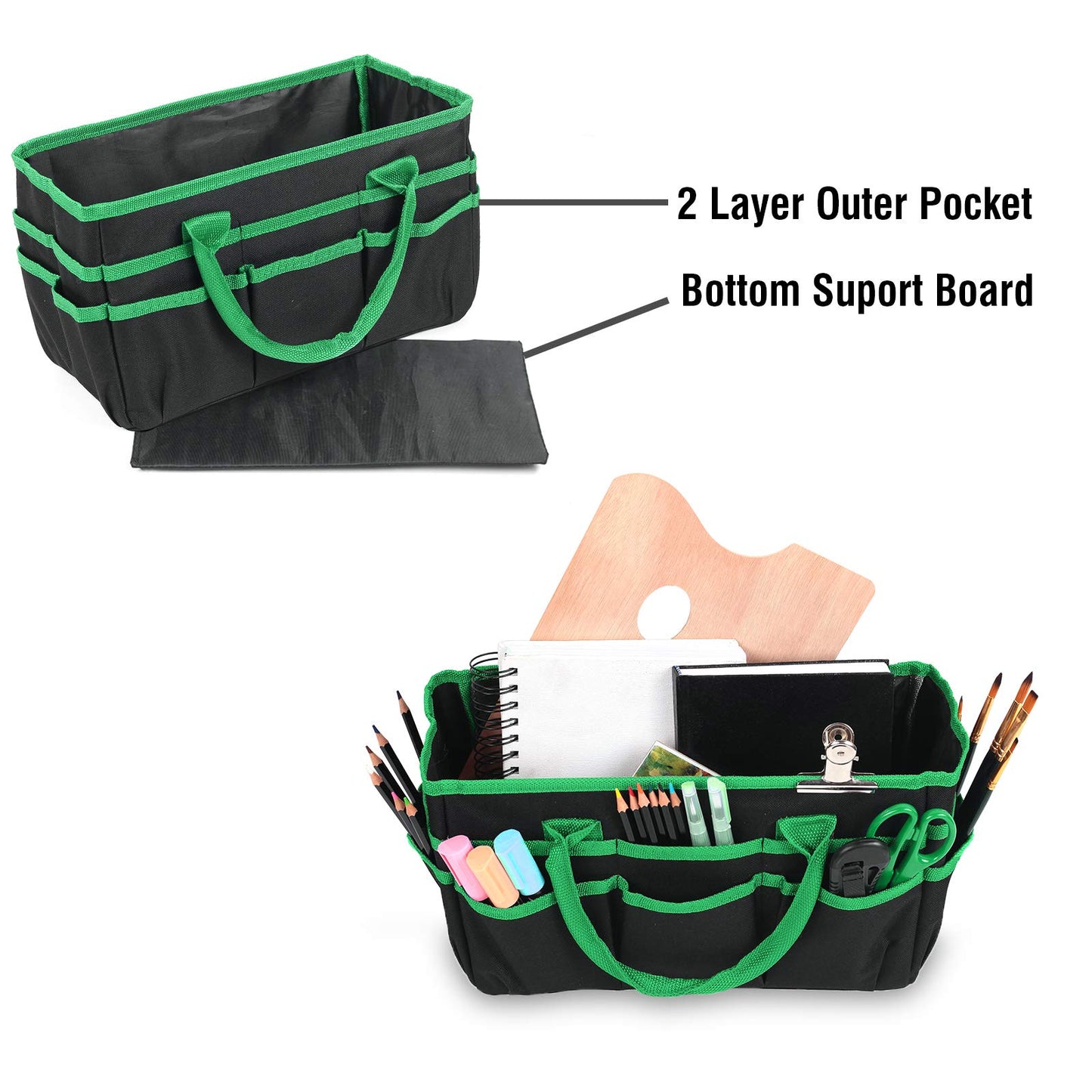 JJRING Craft and Art Organizer Tote Bag - 600D Green Nylon Fabric Art Caddy with Pockets - for Art, Craft, Sewing, Medical, and Office Supplies Storage