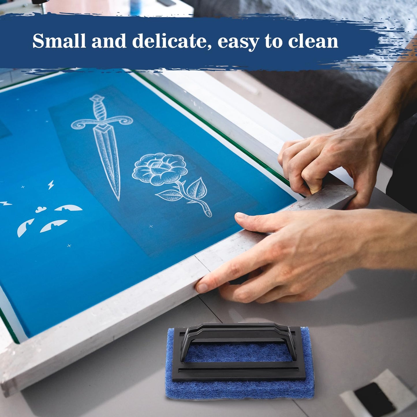 3 Pack Screen Printing Scrub Pad, Blue Scrub Cleaner Brush with Handle, Silkscreen Ink Remover for Reclaiming Mesh Frames