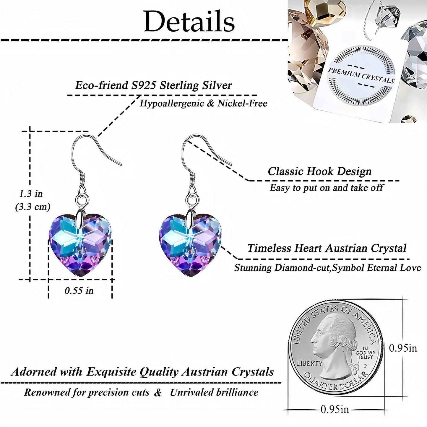 Austrian Crystal Heart Drop Dangle Earrings for Women 925 Sterling Silver Hook Hypoallergenic Earring (Vitrail Light)