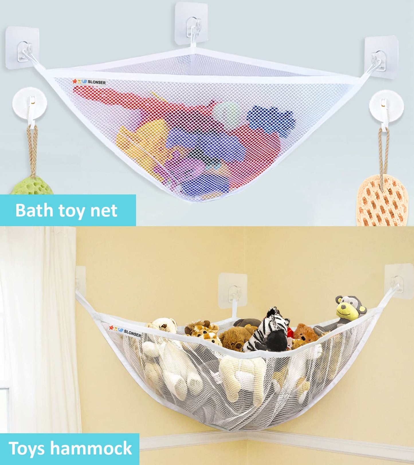 Bath Toy Holder Corner, Kids Bath Toy Net for Tub, Bathtub Holder Basket, Storage Bin Hammock Organizer, Shower Caddy Hanging Mesh Bag, Baby Bathroom Storage with 3 Suction Cups 3 Adhesive Wall Hooks