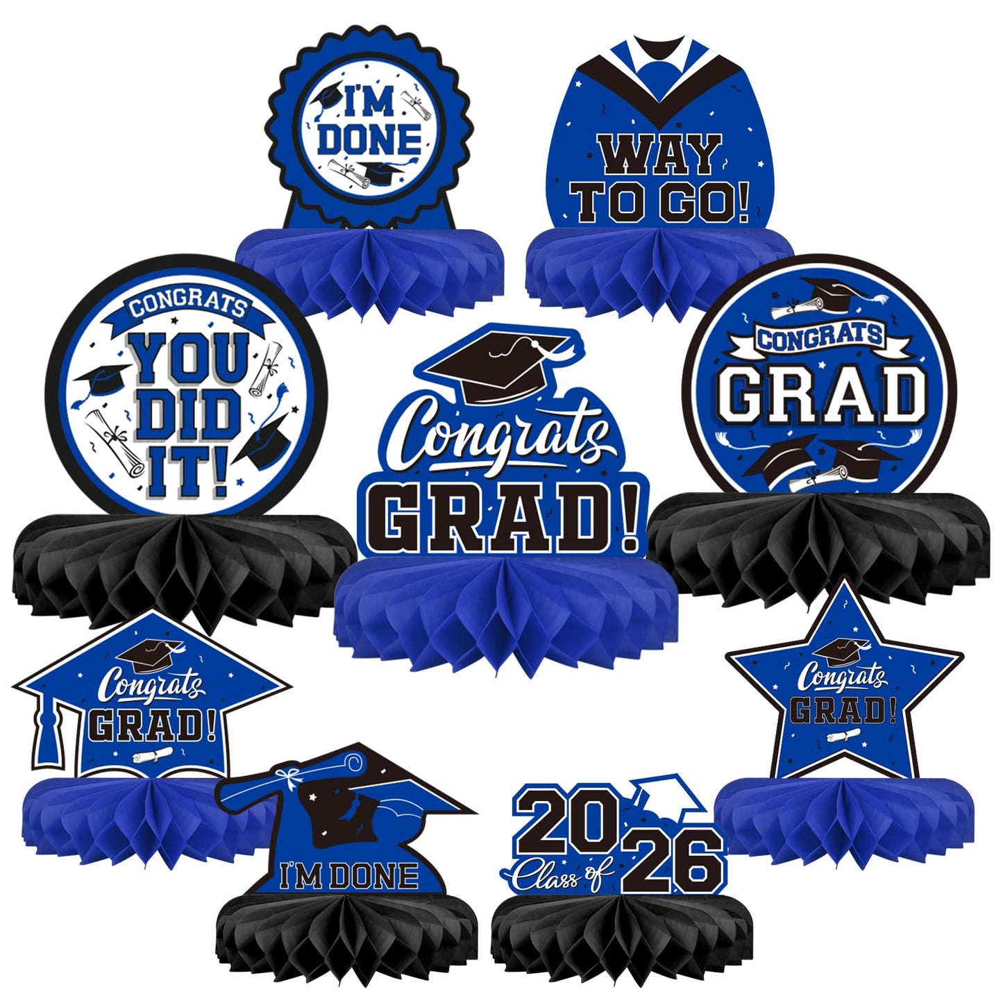 9PCS Graduation Party Decorations Class of 2026 Congrats Grad Table Centerpiece Congratulate Graduation Honeycomb Table Toppers for Graduation Party Supplies(Blue,Black）
