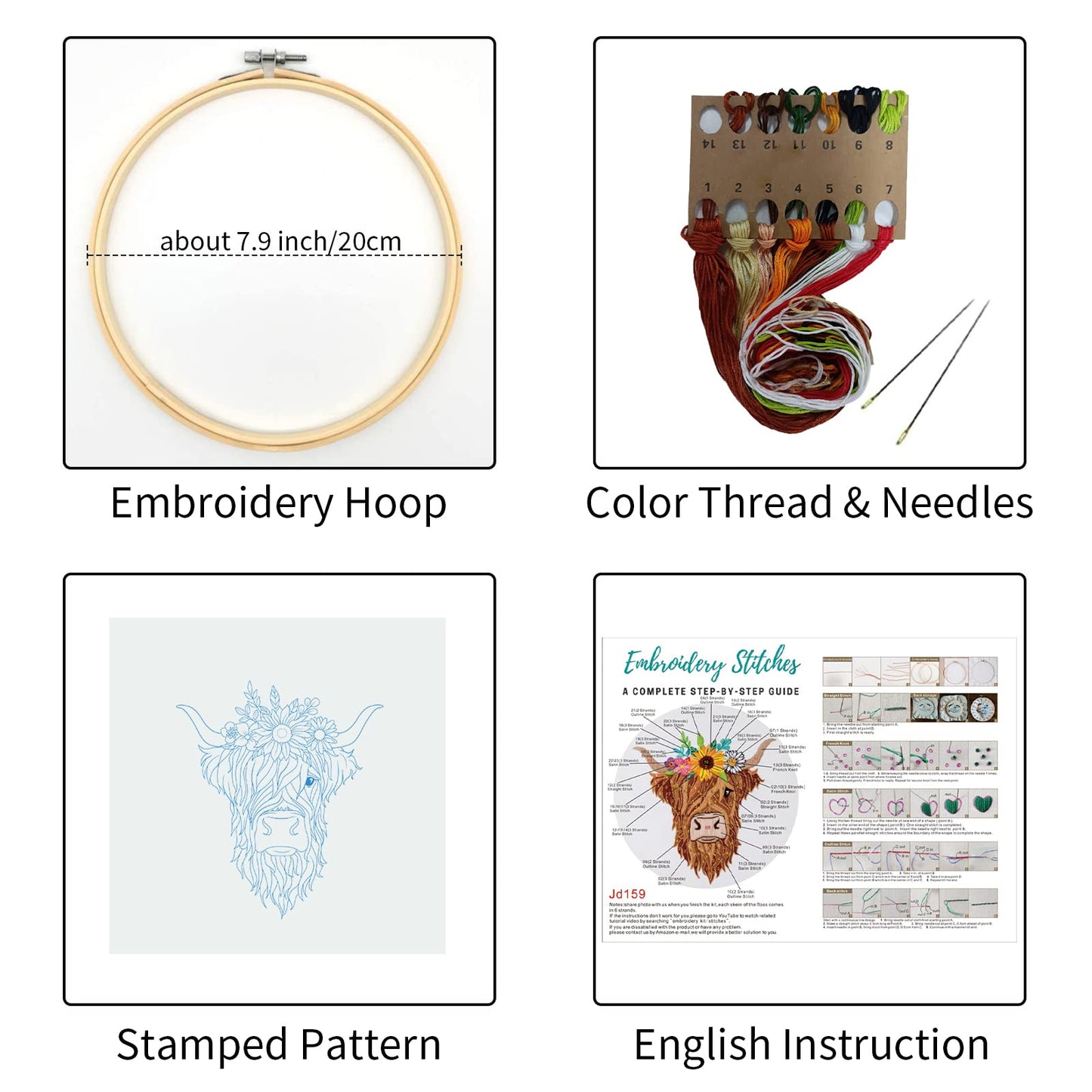 Animal Embroidery Kits for Beginners with Highland Cow Pattern,Adults Starter Cross Stitch Kit DIY Needlepoint