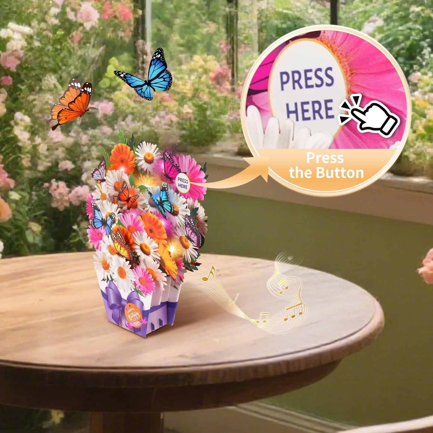 APOTODITO Mini Birthday Cards, Birthday Gift Card with Music and Light, Flower Bouquet 3D Card with Butterflies for Mom, Women, Wife (Butterfly & Daisy)