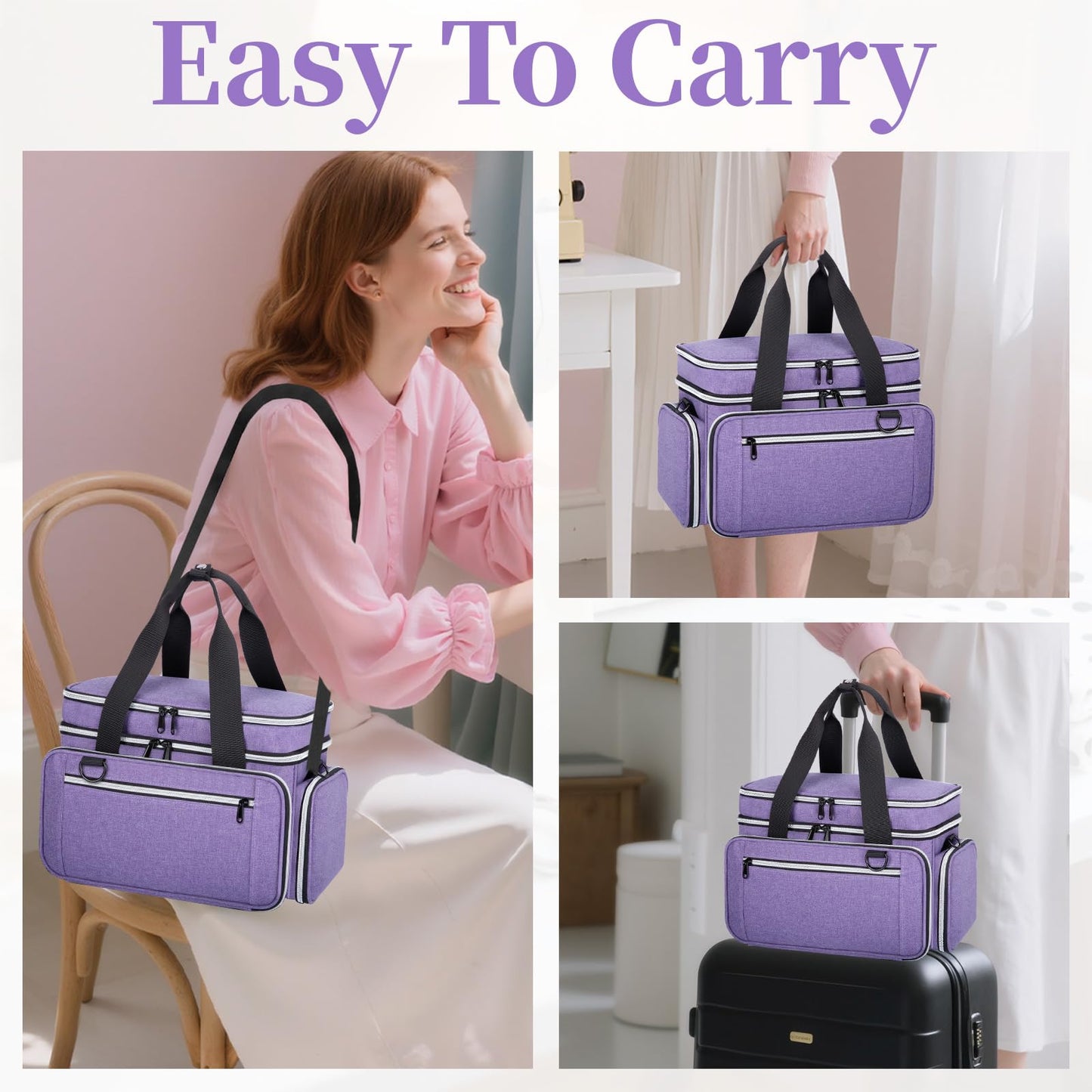 Large Sewing Supplies Organizer, Double Layer Sewing Storage Organizer with Two Detachable Dividers, Travel Sewing Bag Organizer with Shoulder Strap for Accessories, Purple, (Bag Only)