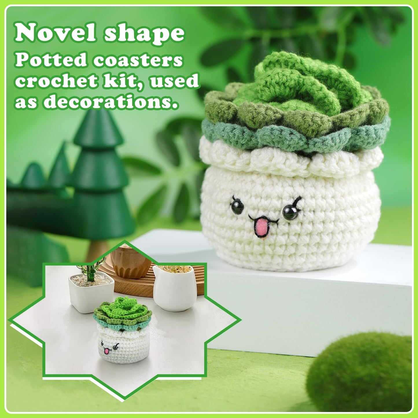 FTEVEN Crochet Kit for Beginners, 3PCS Coasters Potted Plants Crochet Starter Kit for Beginners Adults, Knitting Kit with Step-by-Step Video Tutorials and Crochet Yarns