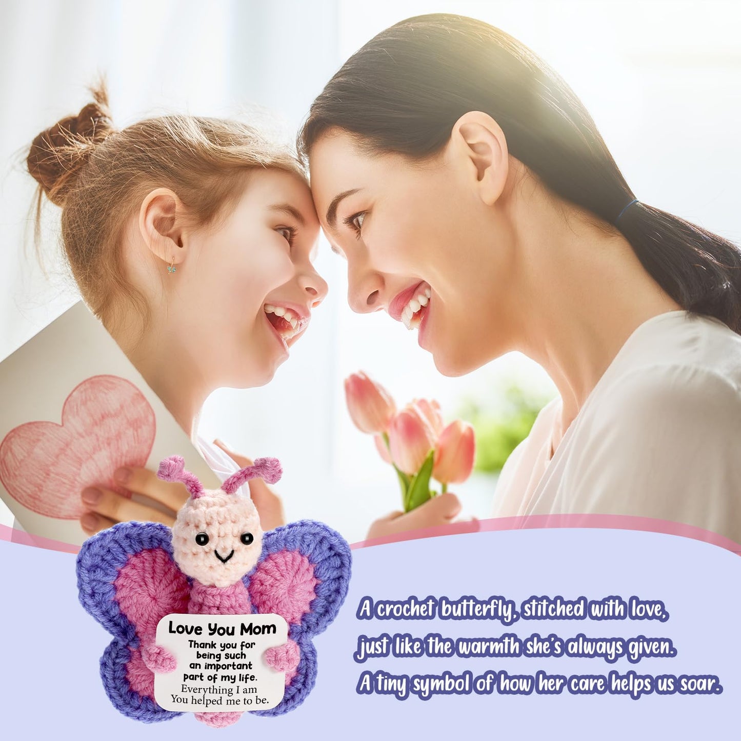 WEYON Mom Gifts for Mothers Day from Daughter Son, Mini Crochet Butterfly for First New Bonus Mom in Law Birthday, Funny Presents Like Necklace Card Bracelet Blanket Flowers Basket Candle Mug Box Set
