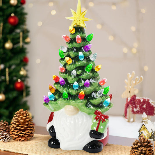 Christmas Decorations - 12” Lighted Up Gnomes Ceramic Christmas Tree with 46 Multicolored Lights - Small Mini Prelit Xmas Holiday Decor for Tabletop Home Room Table Fireplace Office