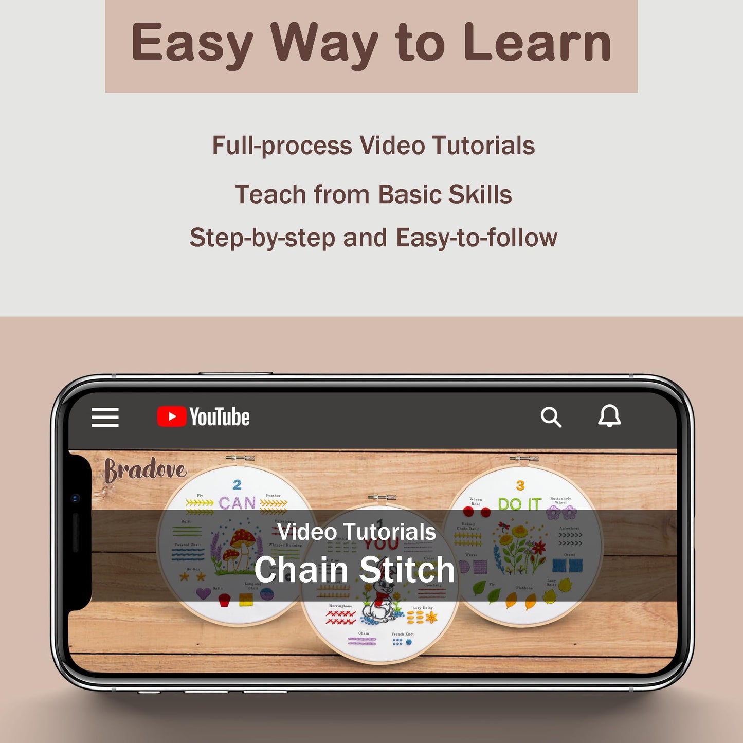 Bradove Embroidery Kit for Beginners, Learn to Embroider Top 29 Stitches and Cute Embroidery Patterns with Video Tutorial and Instruction Booklet, Beginner Embroidery Kit for Adults Kids, Stitches Kit