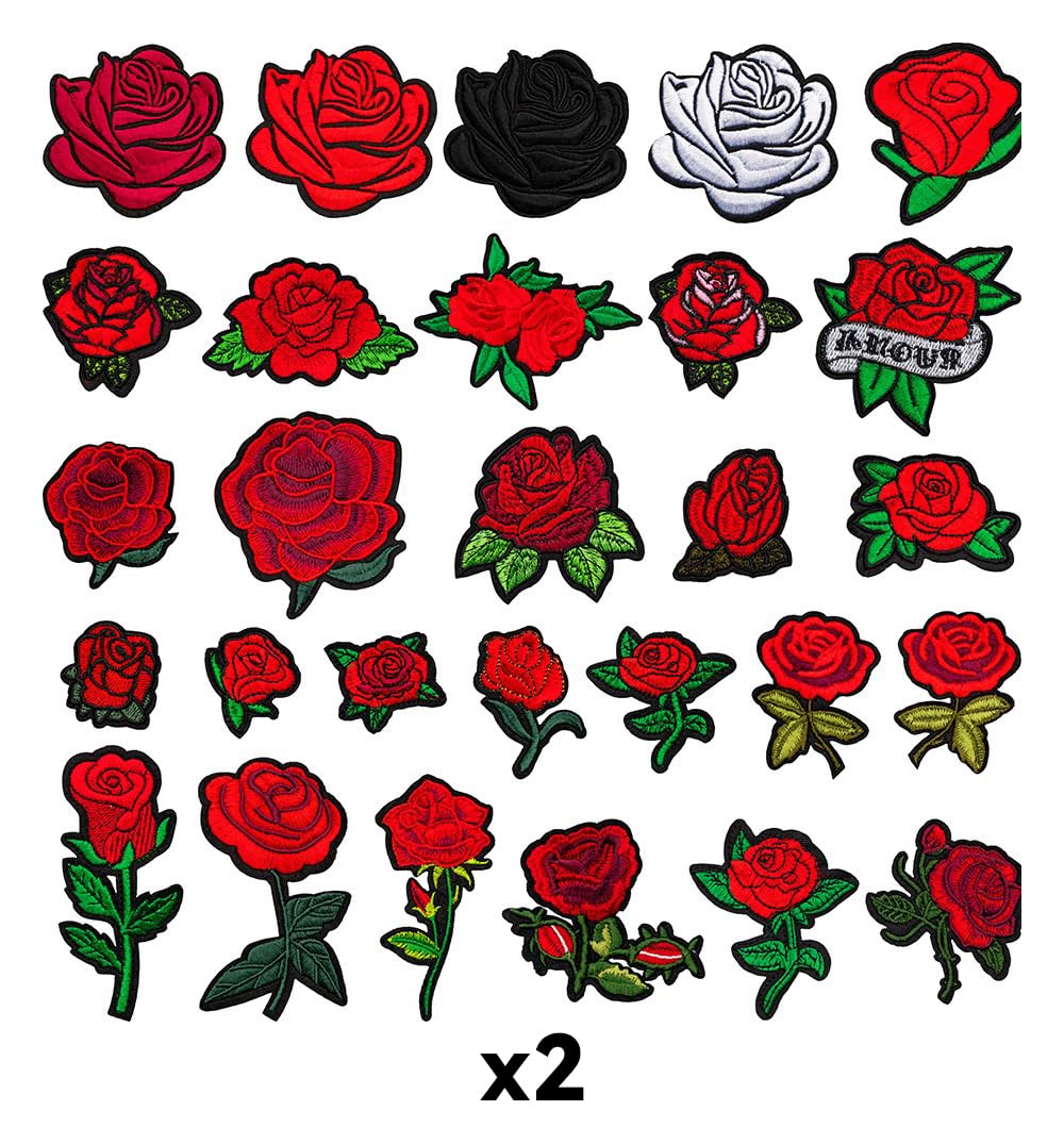Nicime 56pcs Rose Iron/Sew on Patches, Cute Red Flower Embroidered Applique, Fashion Decoration for Clothes, Hat, Bag, Dress, Shirt, Jeans