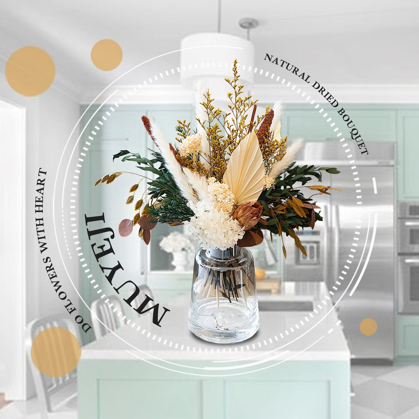 Natural Dried Flower Bouquet - Pampas Grass Decor, Fall Floral Arrangements with Eucalyptus, Plams, Hydrangea, Rustic Bouquet for Vase, Boho Table Centerpiece, Bohemia Home Wedding Decoration