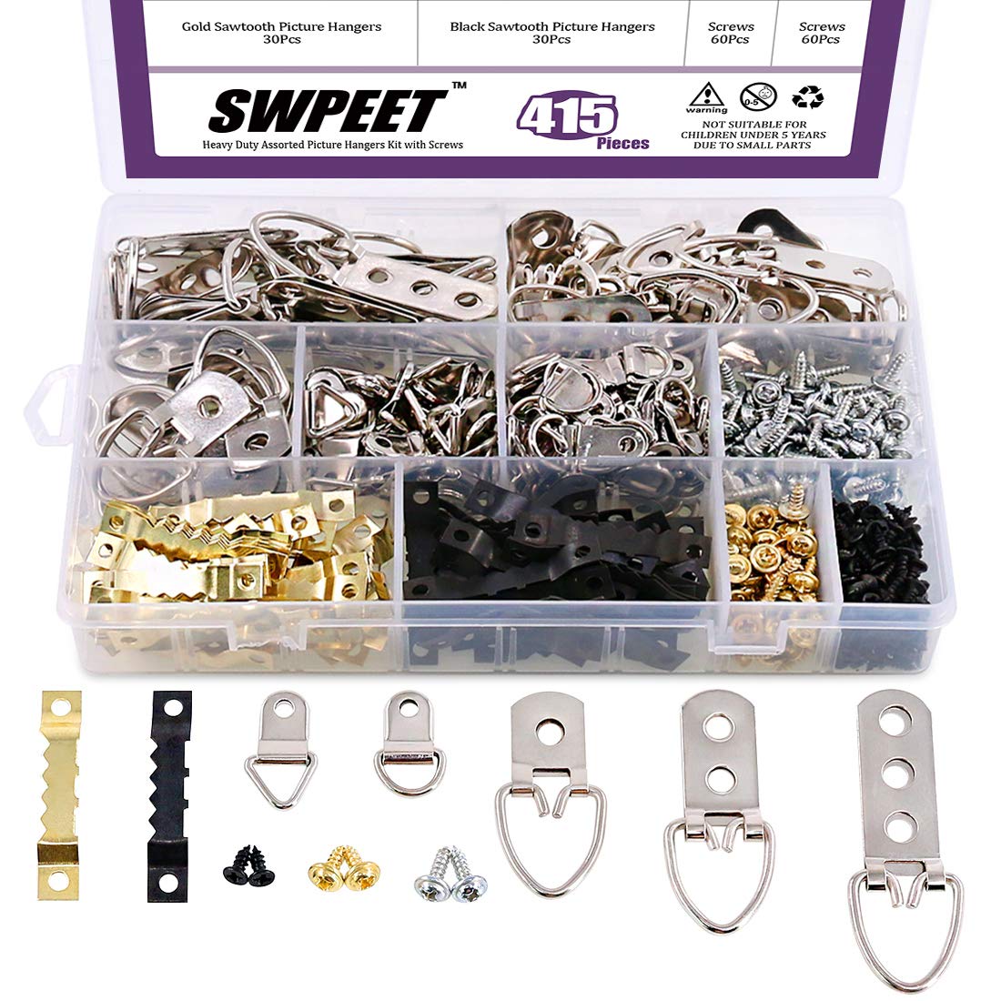 415Pcs Picture Hangers Kit with Screws, Heavy Duty Assorted Picture Hangers Assortment Kit for Picture Hanging Solutions with Transparent Box - 7 Models
