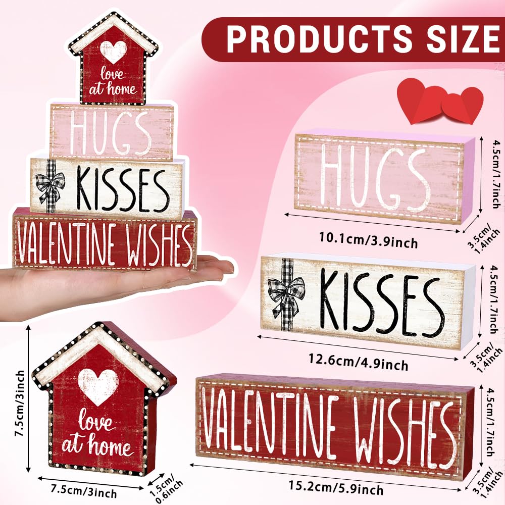 4Pcs Valentine's Day Table Decoration Valentine House Wooden Block Signs Rustic Valentine Tiered Tray Decor Valentines Day Centerpiece Sign for Farmhouse Holiday Tabletop Home Party Decor