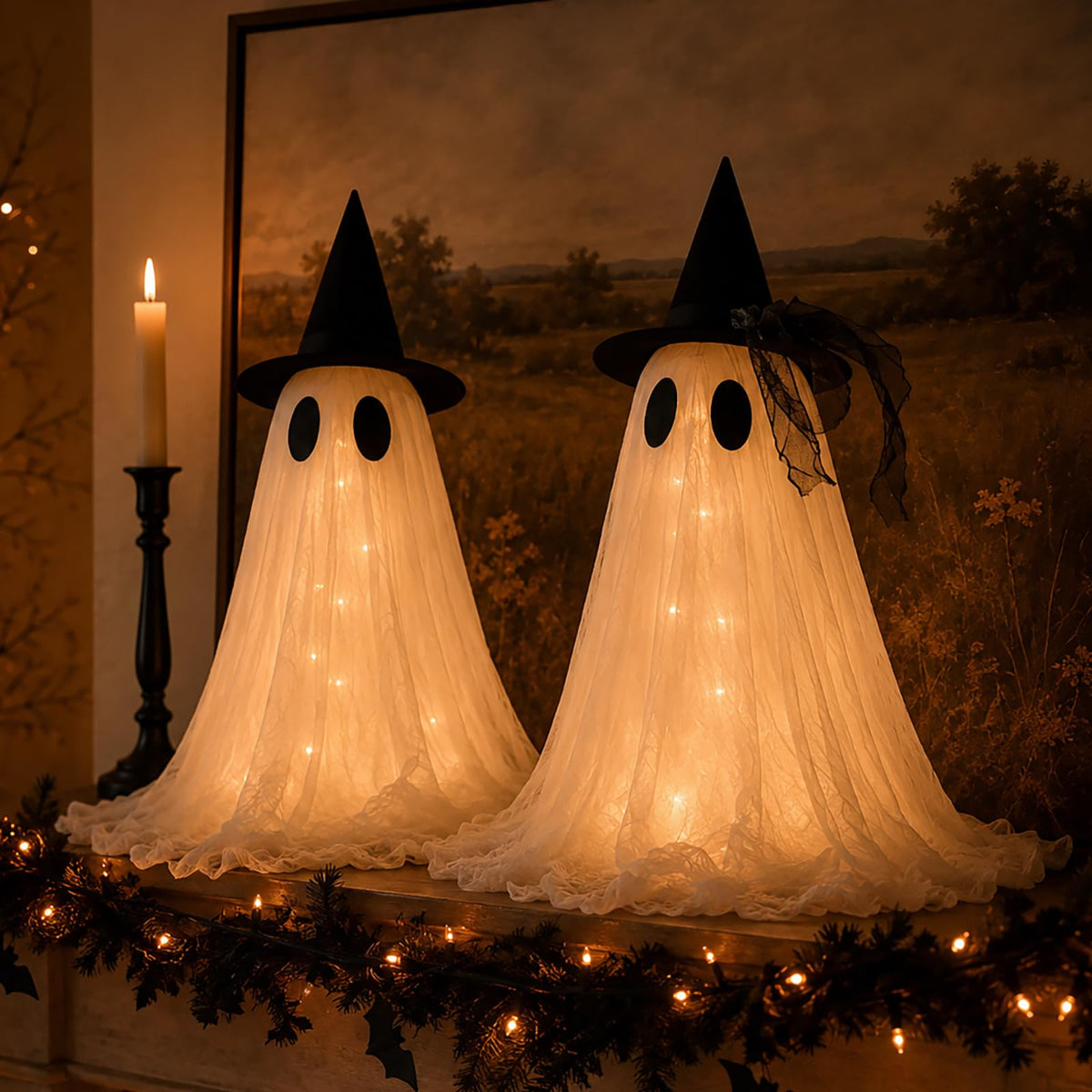 2-Pack Halloween Ghost Decor Set, USB Powered w/Remote Lights