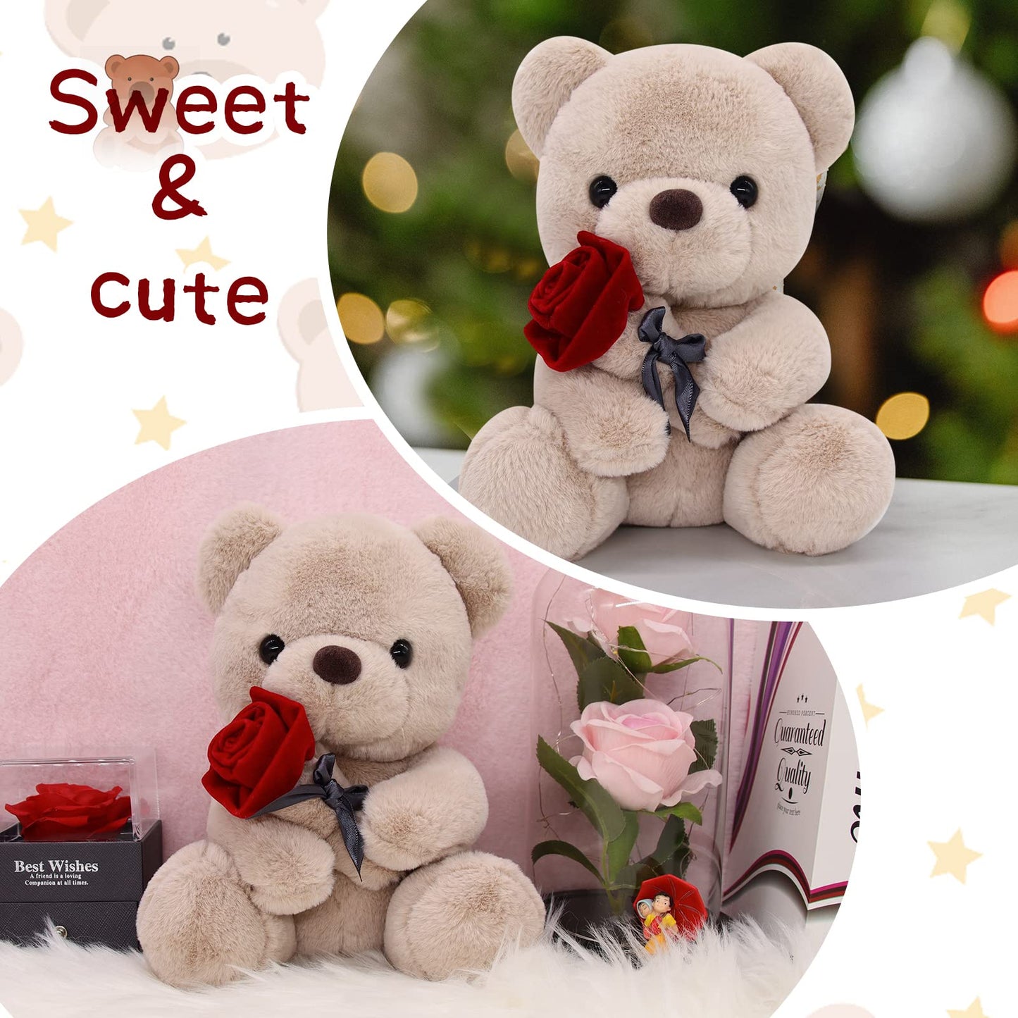 Teddy Bear Stuffed Animals with Rose, 9Inch Valentines Day Teddy Bear, Valentines Day Gift for Girlfriend Boyfriend Kids, Kawaii Bear Plush, Anniversary,Birthdays Present