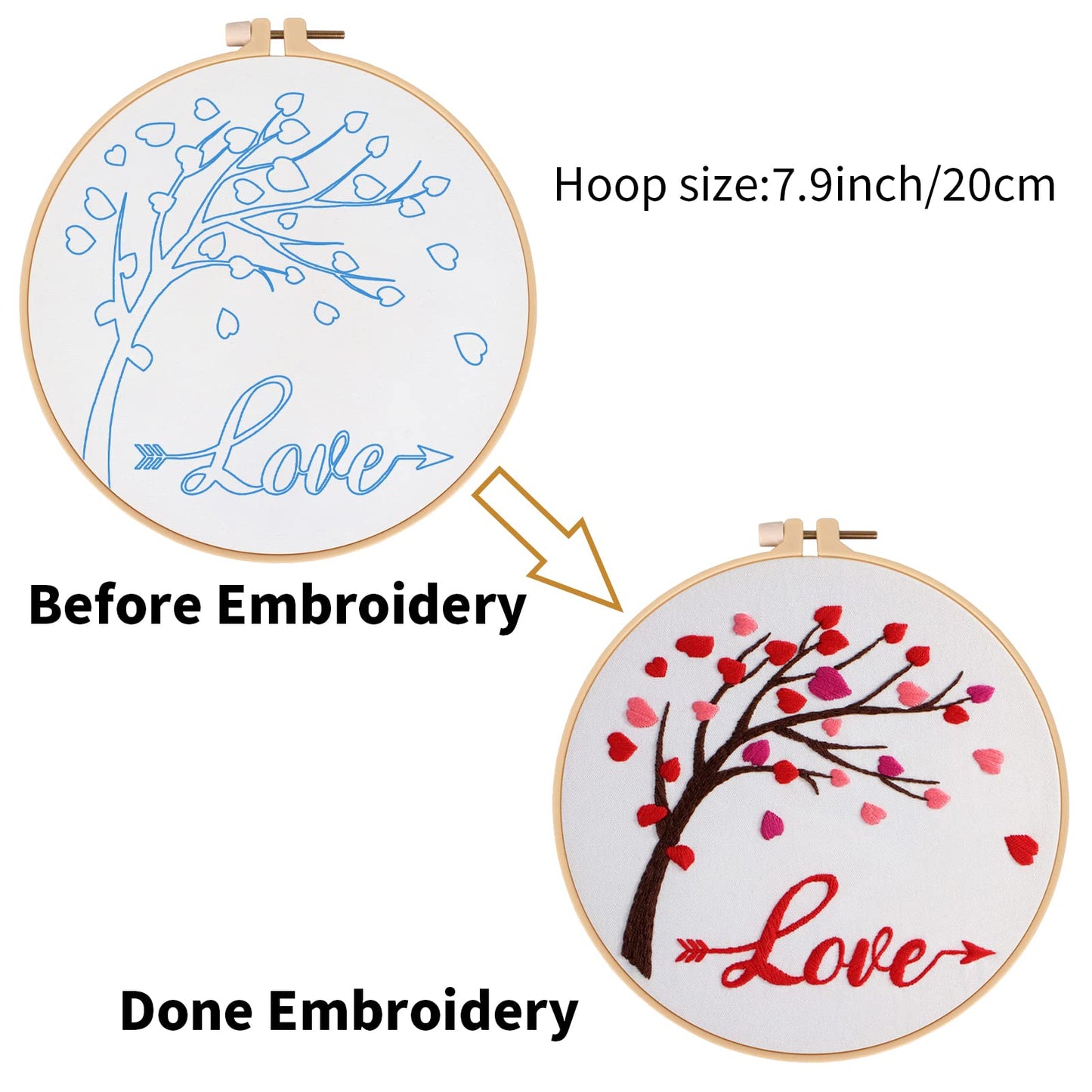 Louise Maelys Love Heart Tree Beginners Embroidery Kits,Cross Stitch Starter Kit for Adults Including Cloth with Lovers Pattern Hoop Needles Instruction and Threads