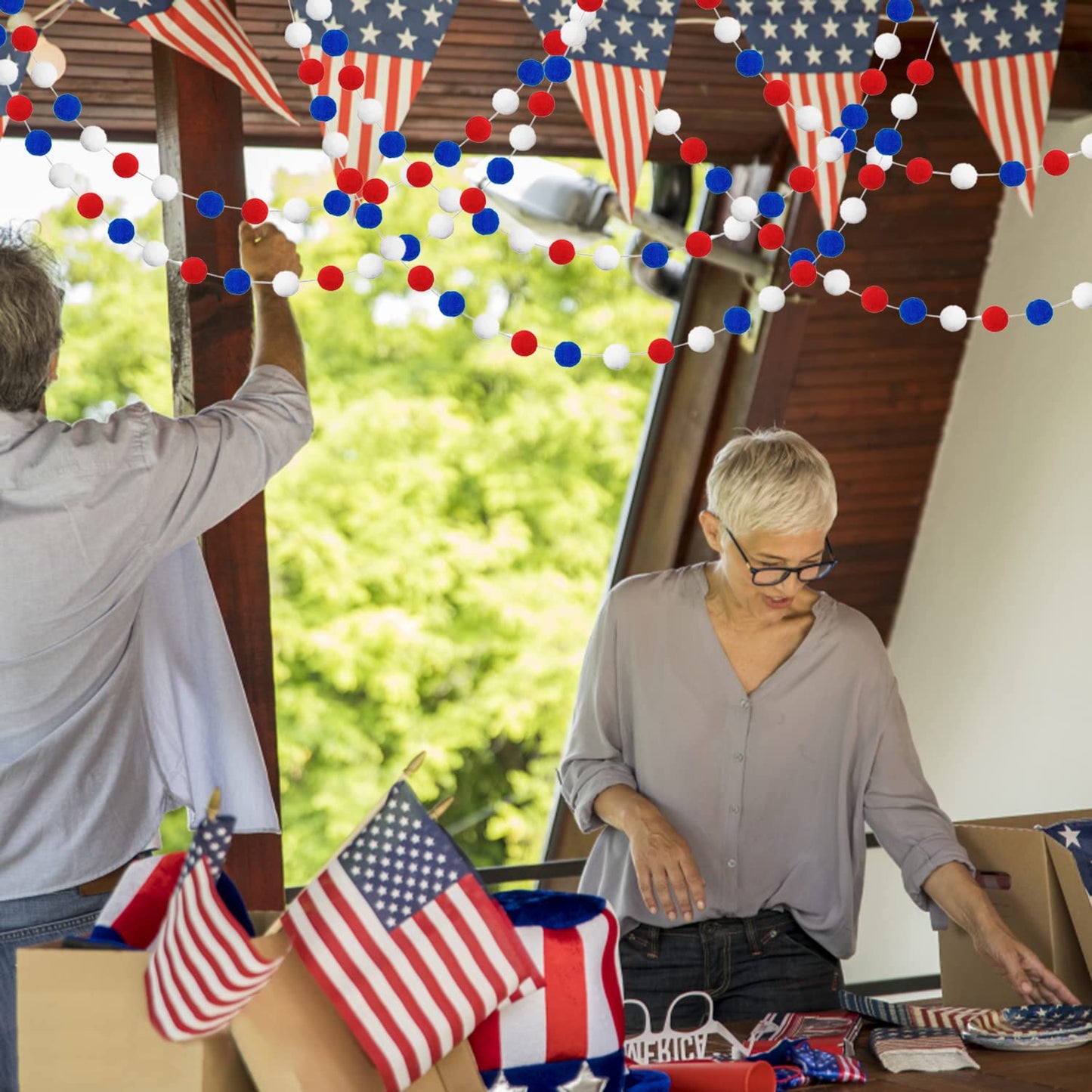 Pom Pom Garland 4th of July Decorations, Patriotic Red White Blue Felt Ball Garland, 3-Pack 6.6ft Long 24 Cute Pompom Balls String, Christmas Tree Decor Ornaments for Home Birthday Holiday Party