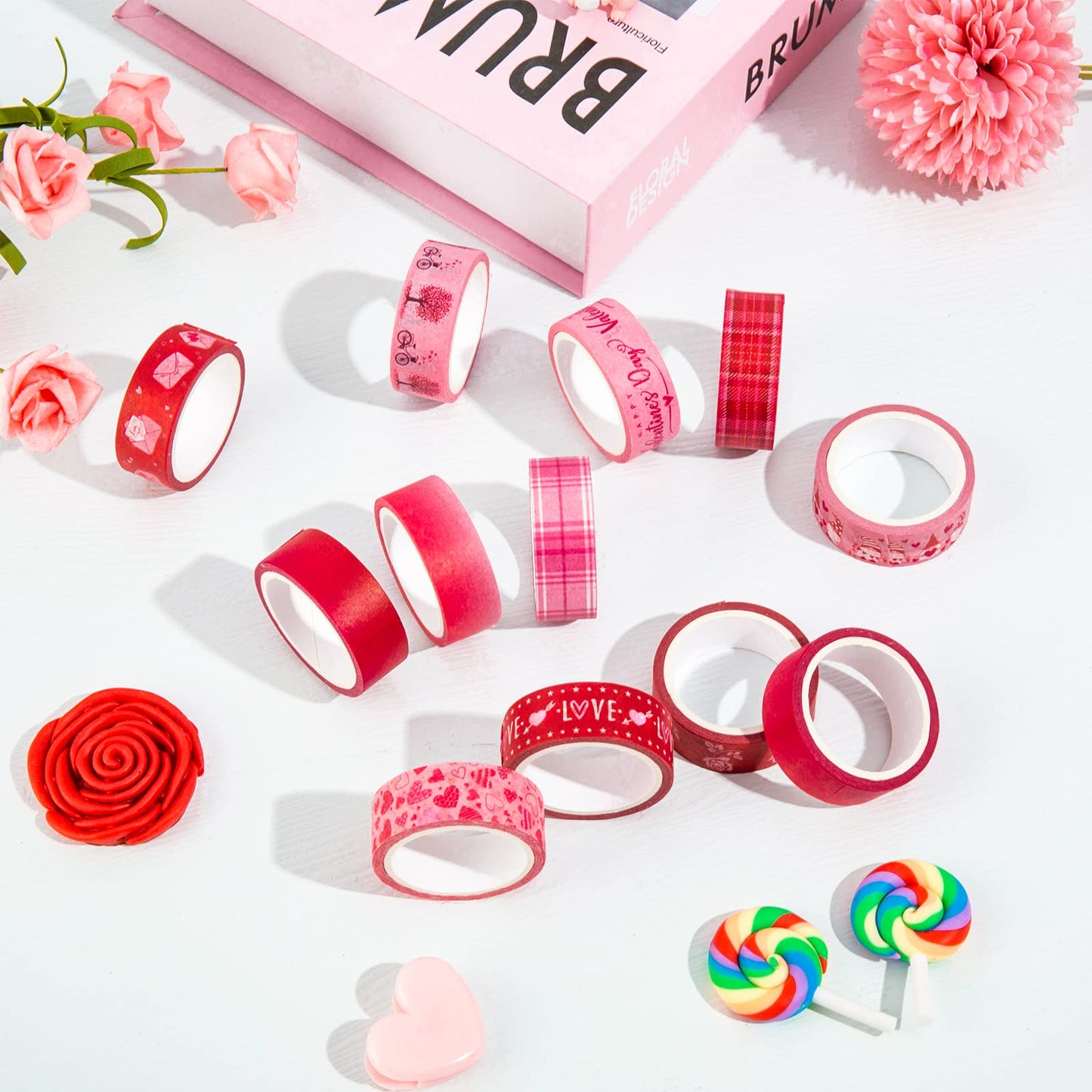 12 Rolls Valentine Washi Tape Red Pink Heart Gnome Love Masking Tape for Wedding Scrapbook DIY Craft Gift Wrapping, 0.6" x 16.4ft