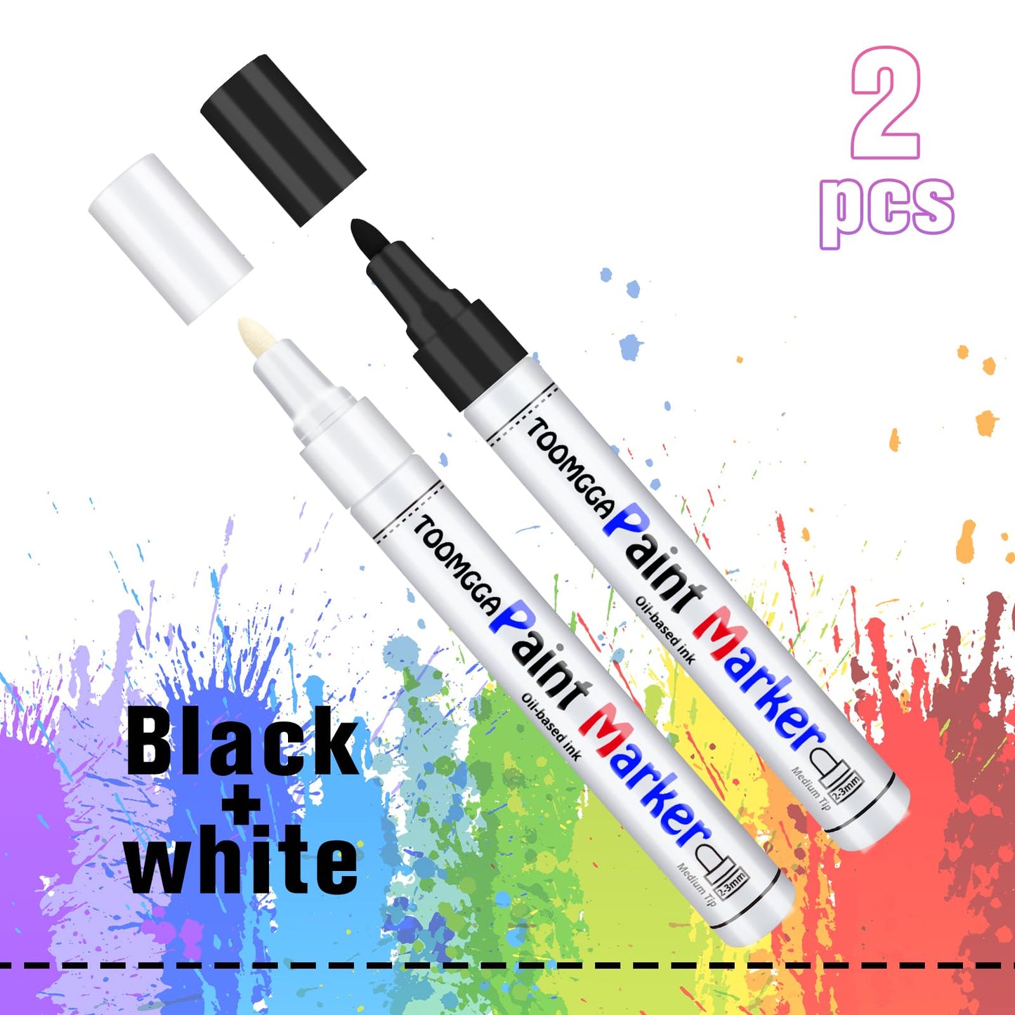TOOMGGA White and Black Permanent Markers Paint Pens-2 Pack Oil Based Paint Markers, Medium Tip, Quick Drying Paint Pens for Wood, Metal, Rock Painting, Mugs, Fabric, Canvas, Clothes, Plastic Marking