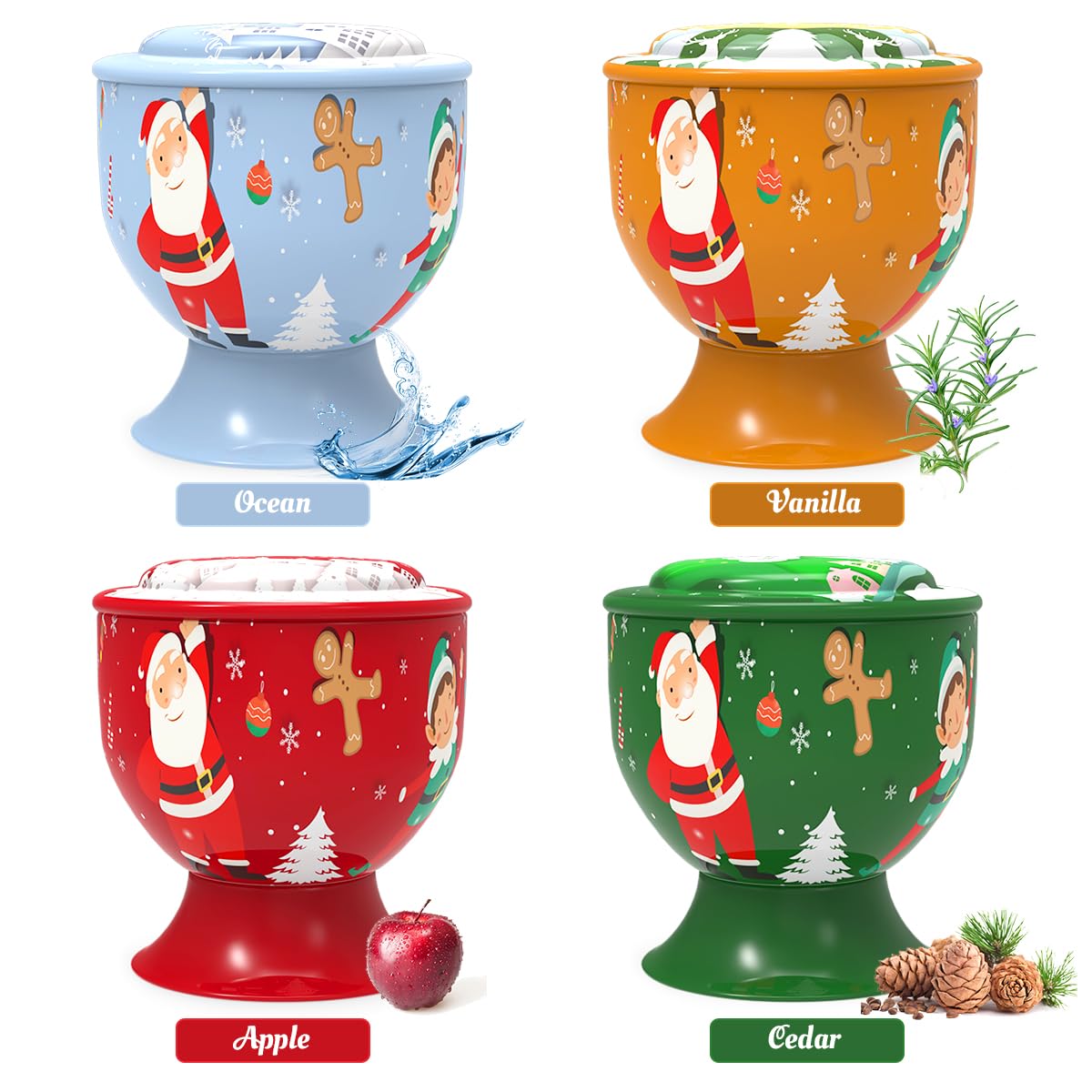 Set of 4 Christmas Santa Claus Snowman Scented Candles Gift Set for Women, Small Natural Soy Wax Decorative Aromatherapy Candles for Home Holiday - Cedar, Vanilla, Apple and Ocean Fragrances