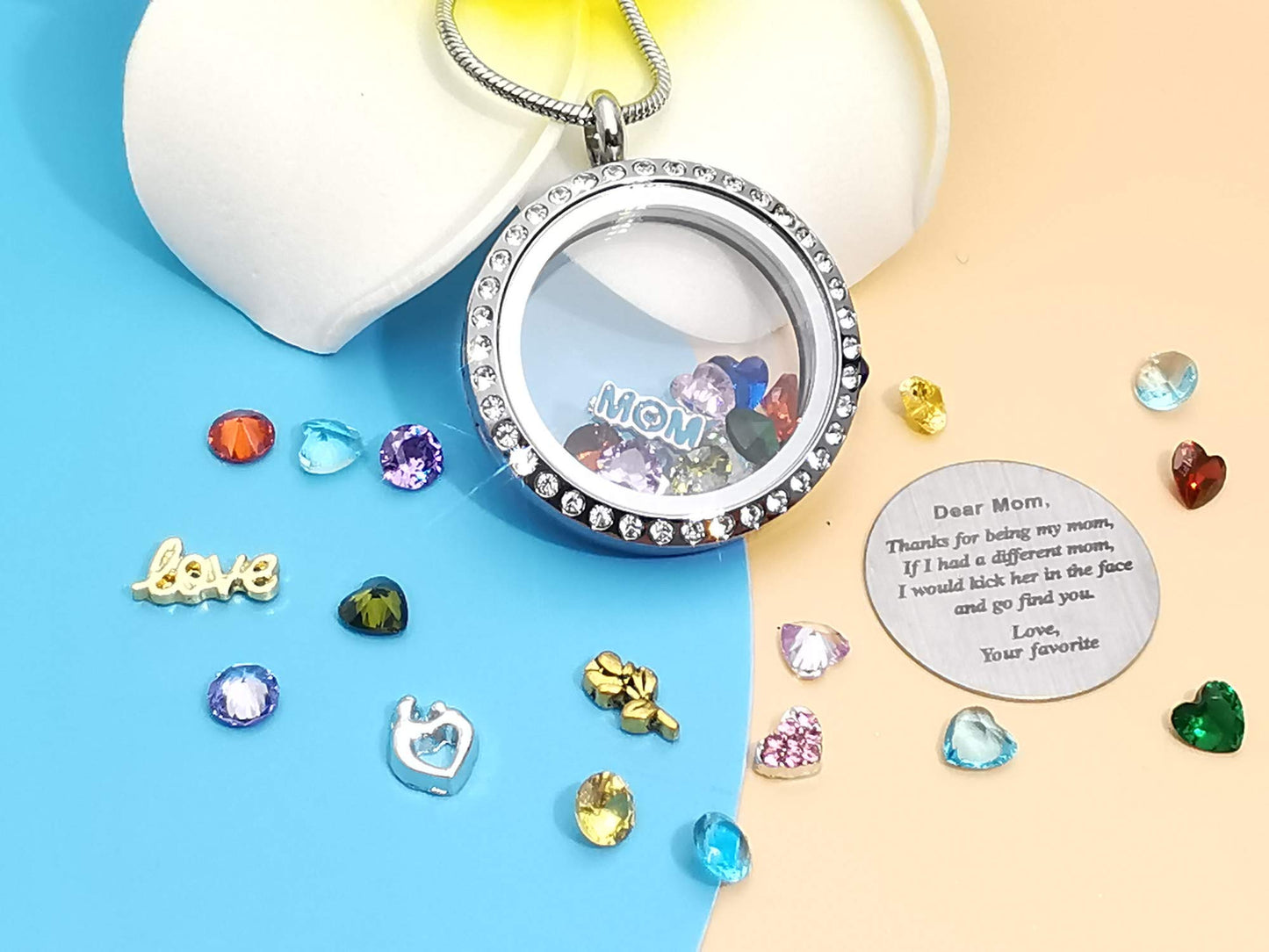 Veeshy Thanks For Being My Mom Birthstone Necklace Floating Locket - Best Mother's Day Gifts for Mom, Women - Unique Gag Present Idea for Her from Daughter or Son -Top Birthday Gift