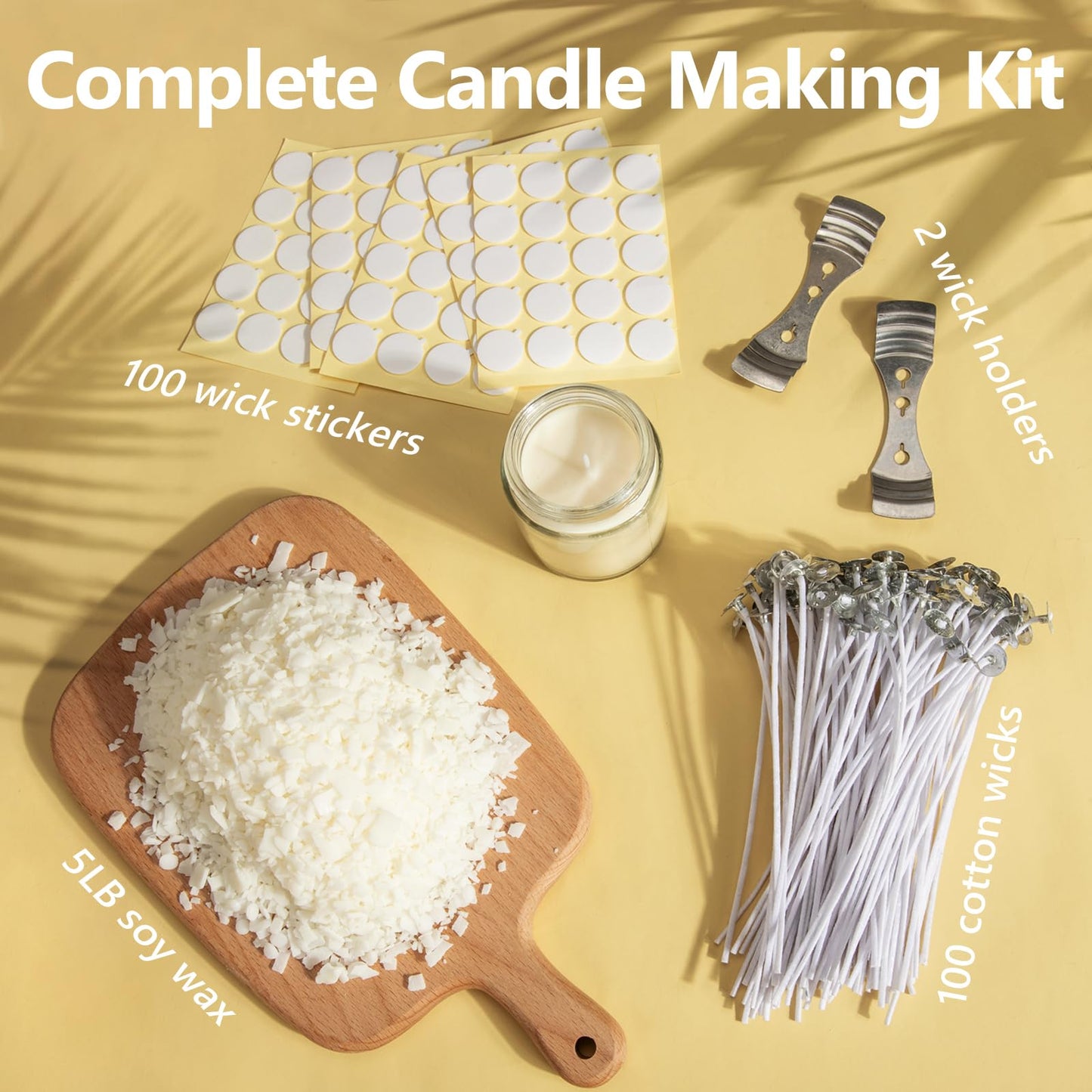 Soy Candle Wax for Candle Making 5 lbs Bag, Premium Natural Soy Wax Flakes, No additives and Pure, 100 Cotton Candle Wicks, 100 Wick Stickers, & 2 Centering Devices