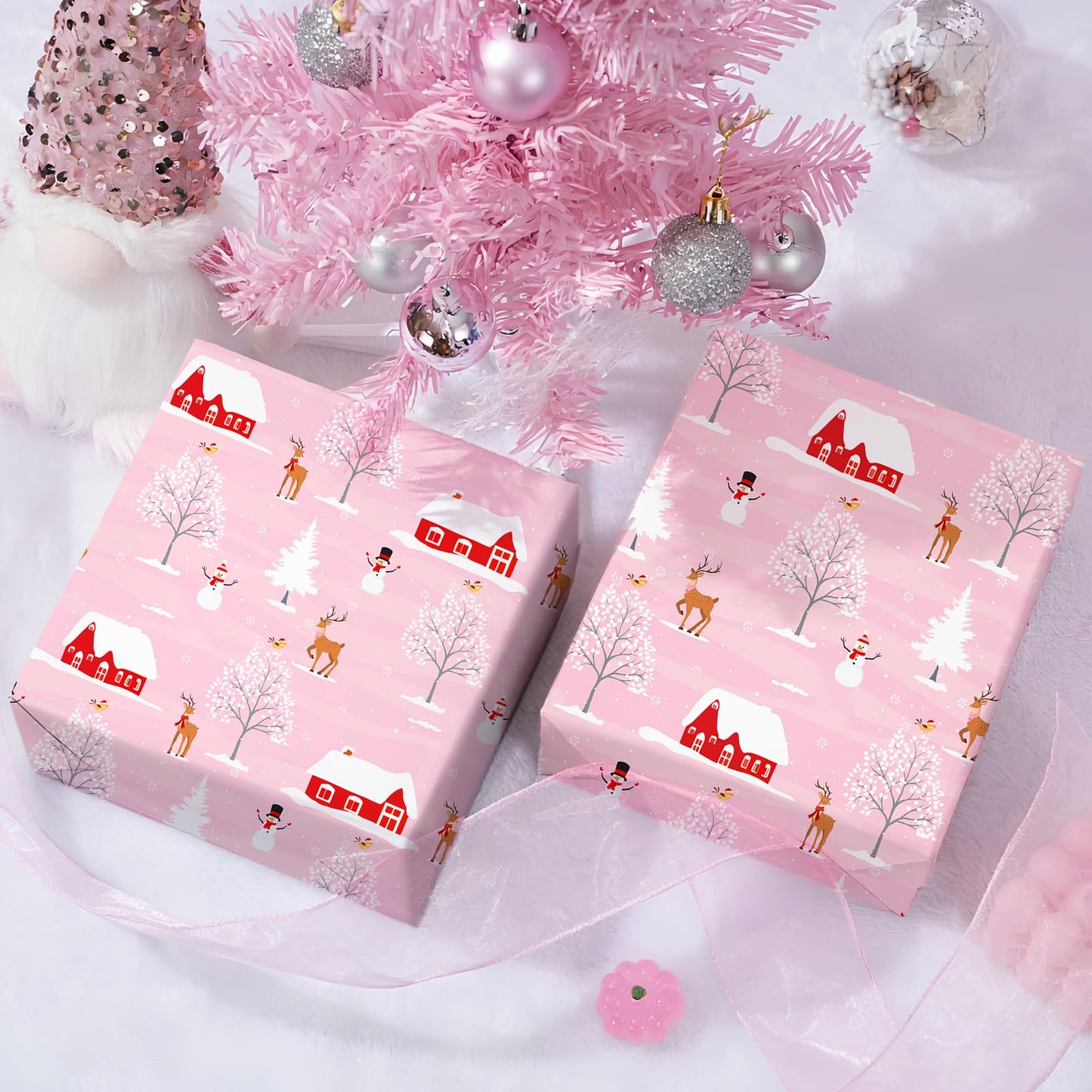 Cuitpan Pink Christmas Wrapping Paper - Xmas Gift Wrap with Snowy Houses, Reindeer, Snowmen & Trees Design - Perfect for Kids & Adults Gift Wrapping - 40×28 Inches, 4 Folded Sheets