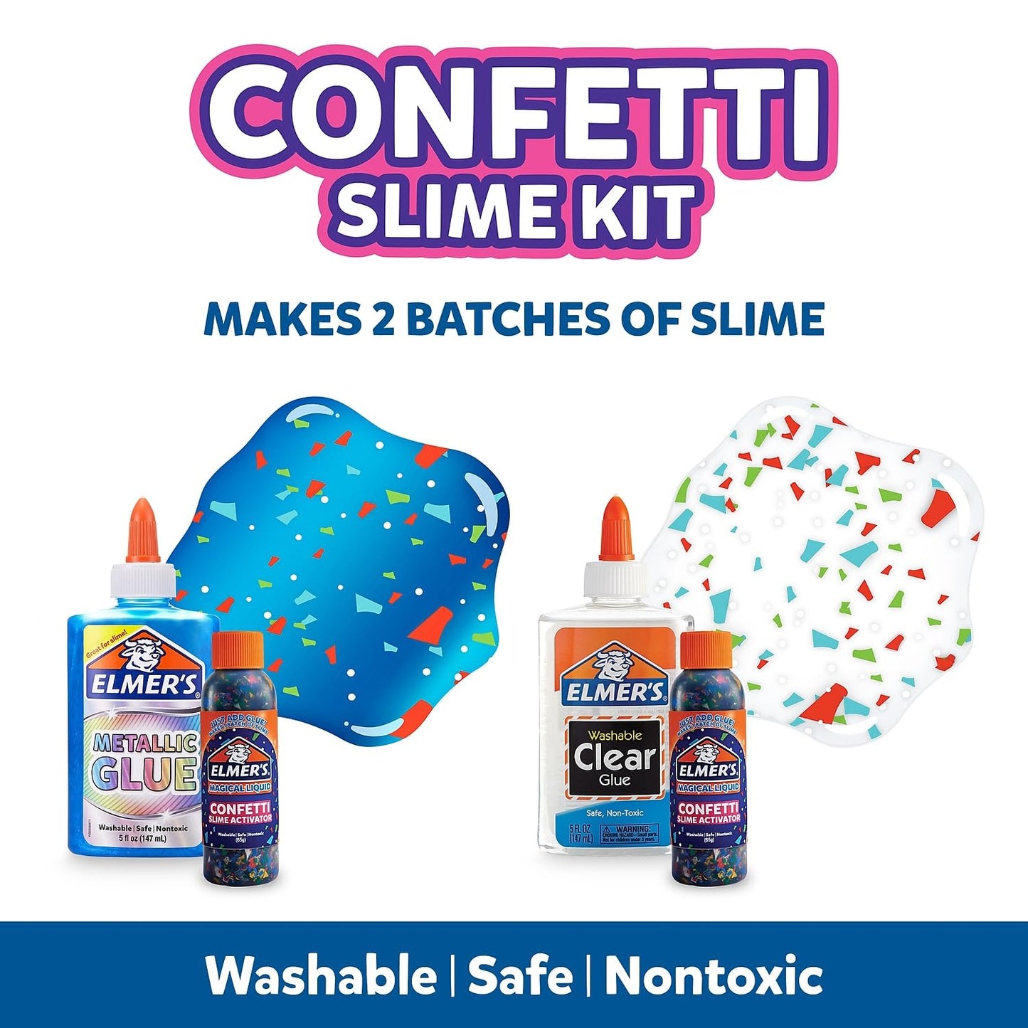 Elmer’s Confetti Slime Kit, Slime Supplies Include Metallic Glue, Clear Glue, Confetti Magical Liquid Activator, 4 Count - Perfect for Parties, Gift, Kids Activity Time
