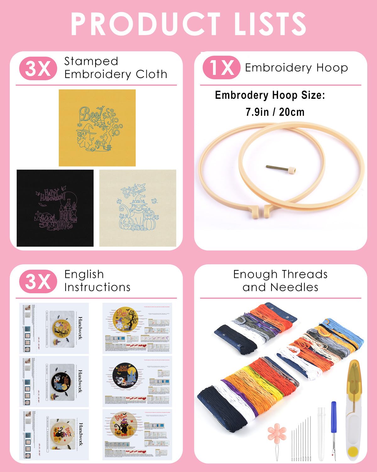 TINDTOP Halloween Embroidery Kit for Adult Beginners, 3 Sets Embroidery Stitch Practice kit Include Embroidery Cloth Hoops Threads for Craft Lover Hand Stitch