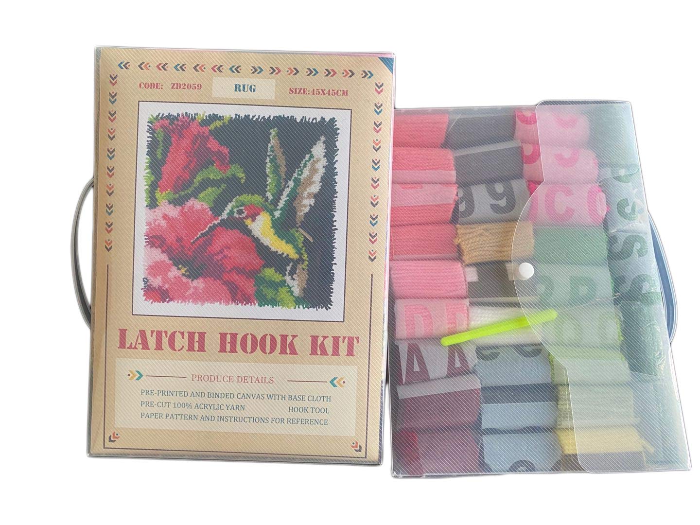 Colorful Hummingbird Latch Hook Craft Kit, 16'' X 16'' Tapestry Kits Latch Hook Rug Kits Carpet Embroidery Needlework DIY Rugs Hook Rug
