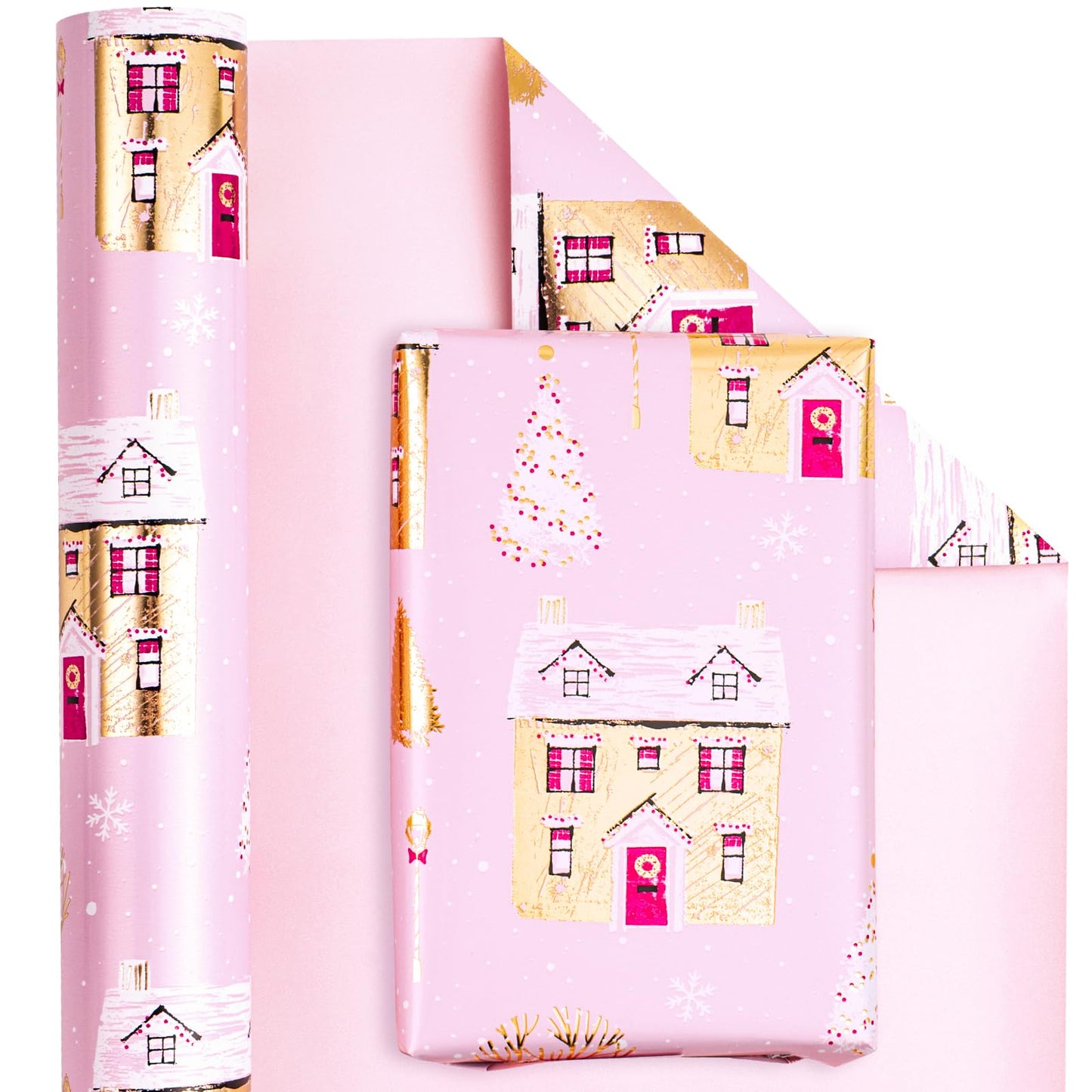 Reversible Christmas Wrapping Paper - Mini Roll - 17 Inch x 33 Feet - Pink House and Solid Pink Wrapping Paper with Metallic Foil Shine for Chrsitmas, Holiday, Party