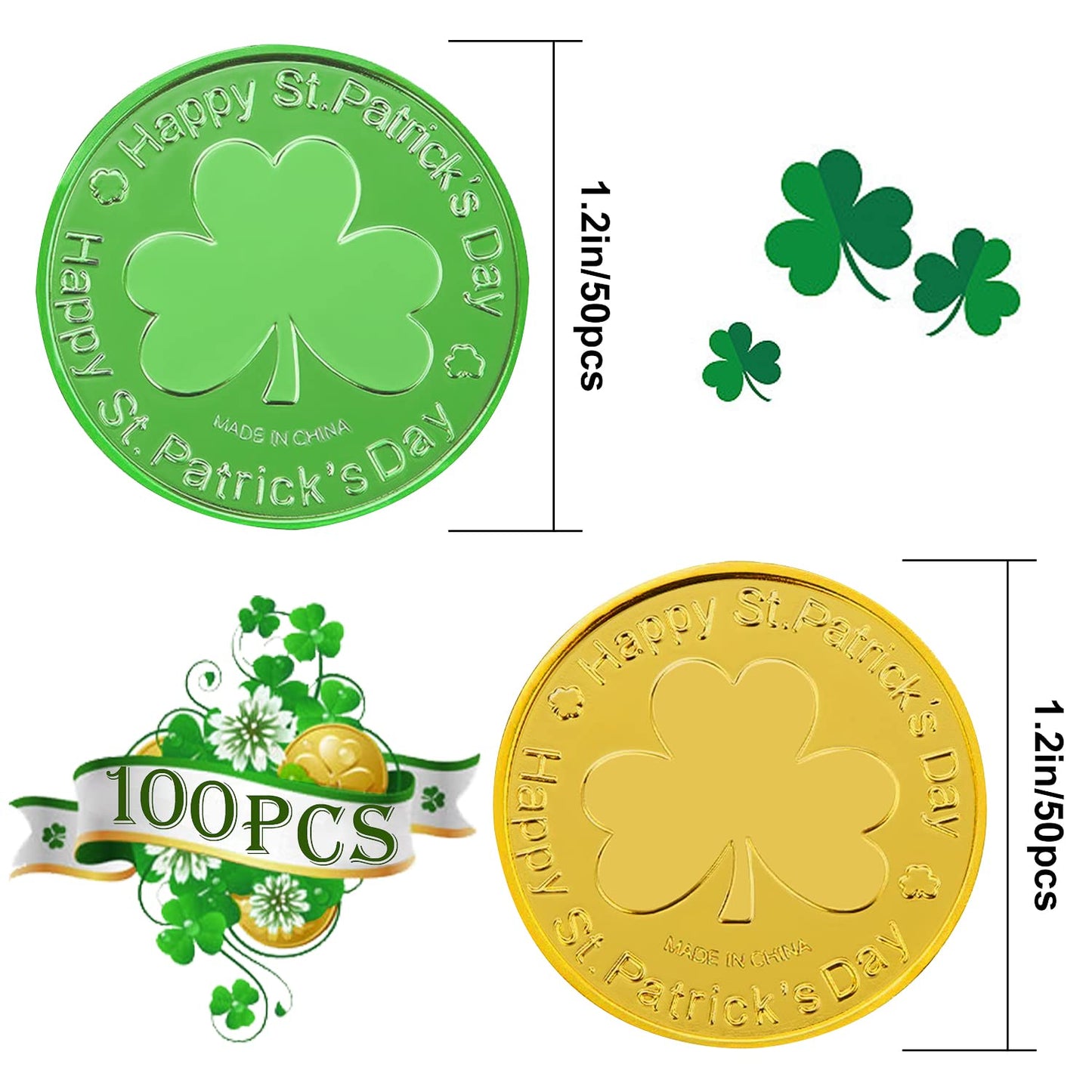 St. Patrick's Day Gold Coins - 100 Pieces Gold Green Lucky Coins Plastic Shamrock Leprechaun Coins, 3-Leaf Clover Coin for Party Decoration Favors
