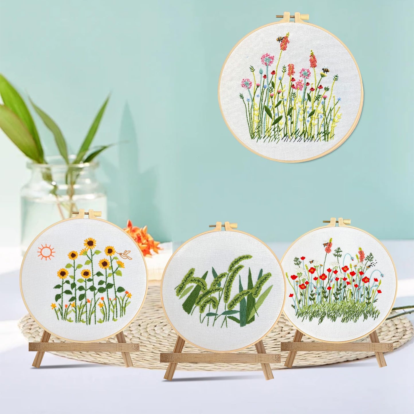 Maydear 4 Packs Embroidery Starter Kit with Pattern, Stamped Cross Stitch Kits for Beginners Adults with Embroidery Hoop and Instructions, Hand Embroidery Kit (A-Embroidery kit Florals)
