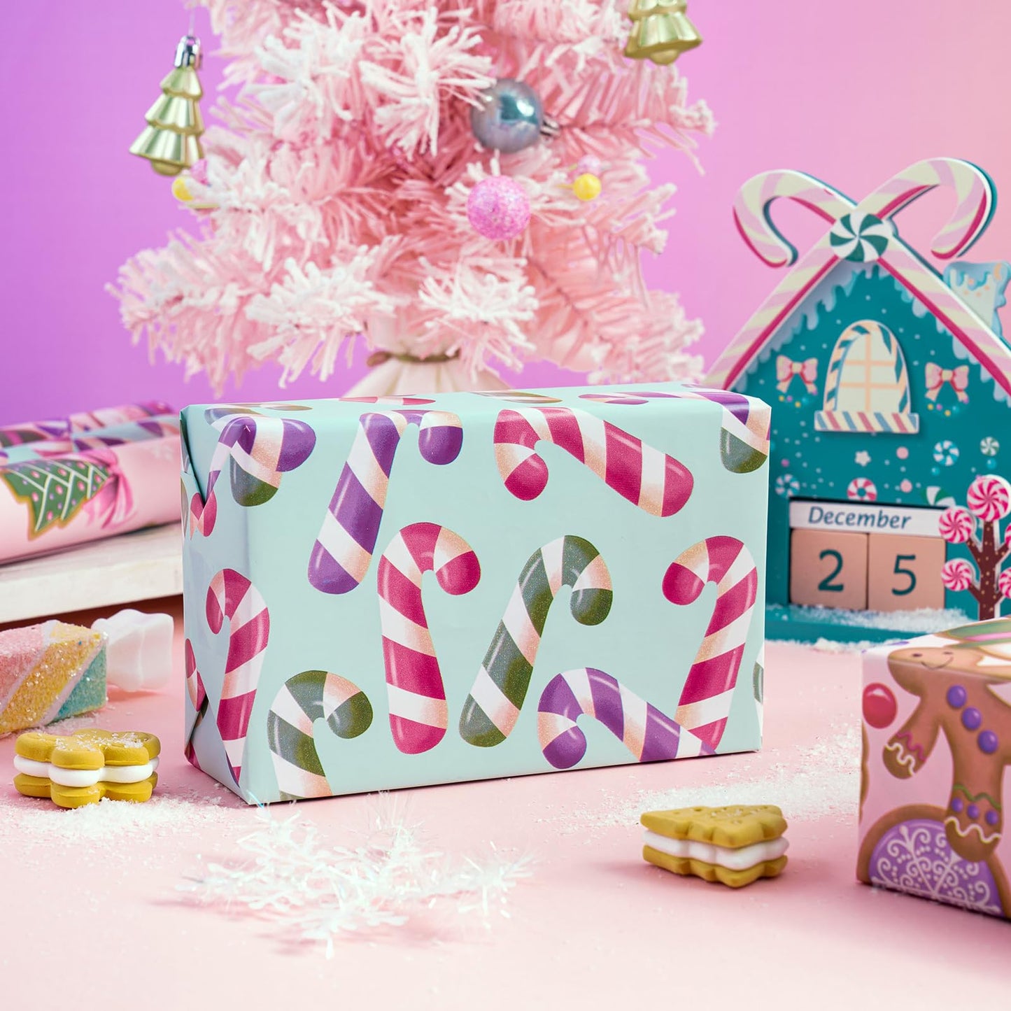 Christmas Wrapping Paper Roll - Mini Roll - 3 Rolls - 17 Inch x 120 Inch Per Roll - Pink & Blue Gingerbread Wrapping Paper Holiday Collection for Xmas Holiday, Party Celebration