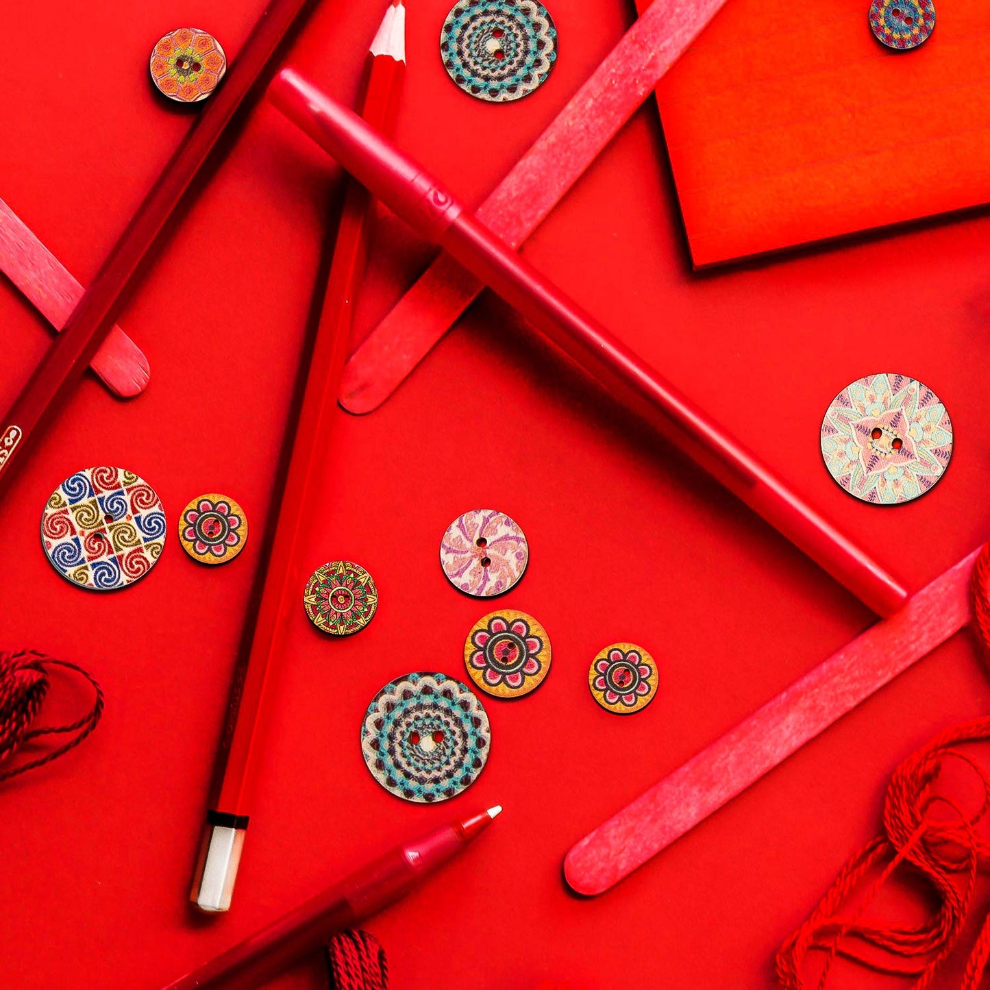 AIEX 100pcs Mixed Random Flower Painting Buttons Round Shapes Retro Wooden Buttons Assorted Colours for DIY Making 15 mm, 20 mm, 25 mm