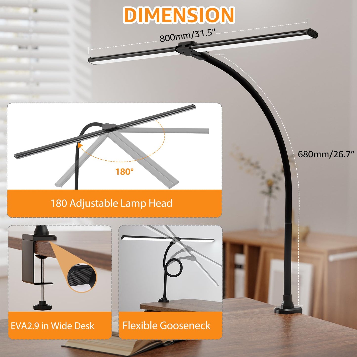 ShineTech LED Desk Lamp, 31.5" Ultra Wide Double Head Architect Light with Clamp, 50 Adjustable Lighting Modes, Eye-Caring Bright Task Lamp for Home Office, Large Monitor, Memory & Auto-Off Timer