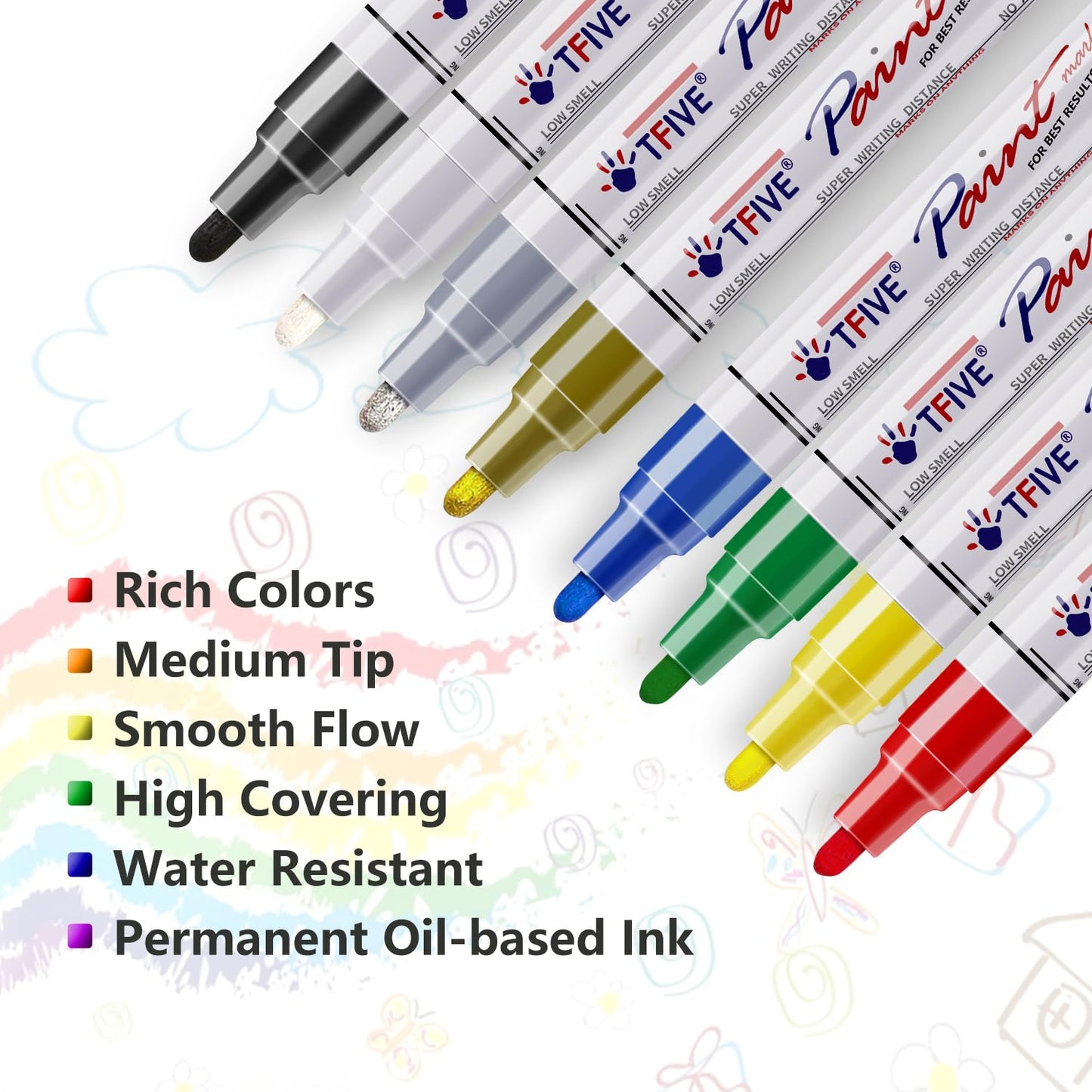 TFIVE Paint Markers Pens Set, 8 Color Oil-Based Permanent Paint Marker, Medium Tip, Quick Dry and Waterproof Paint Pen for Rock Painting, Ceramic, Wood, Fabric, Plastic, Canvas, Glass, Mugs