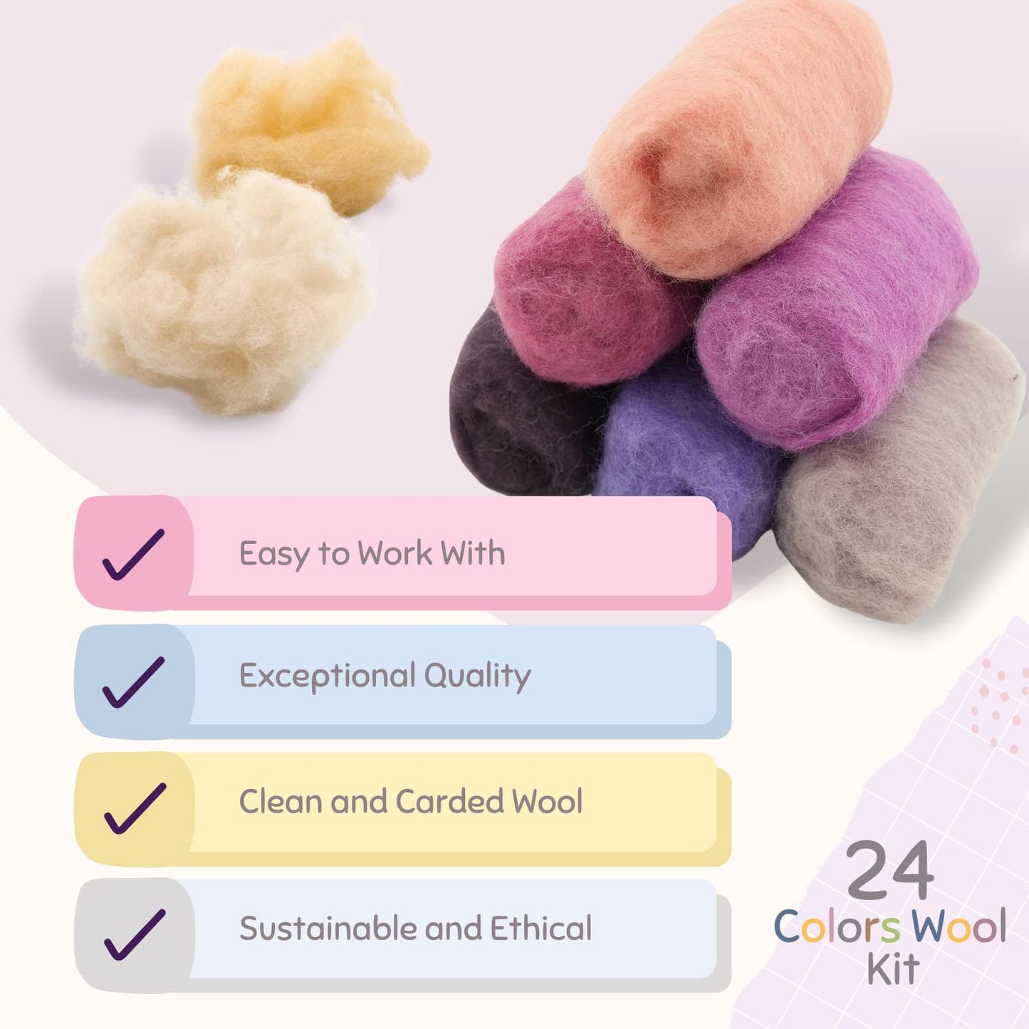 Felting Wool Kit - 24 Vibrant Merino Wool Colors for Needle Felting, Wet Felting, and Crafts