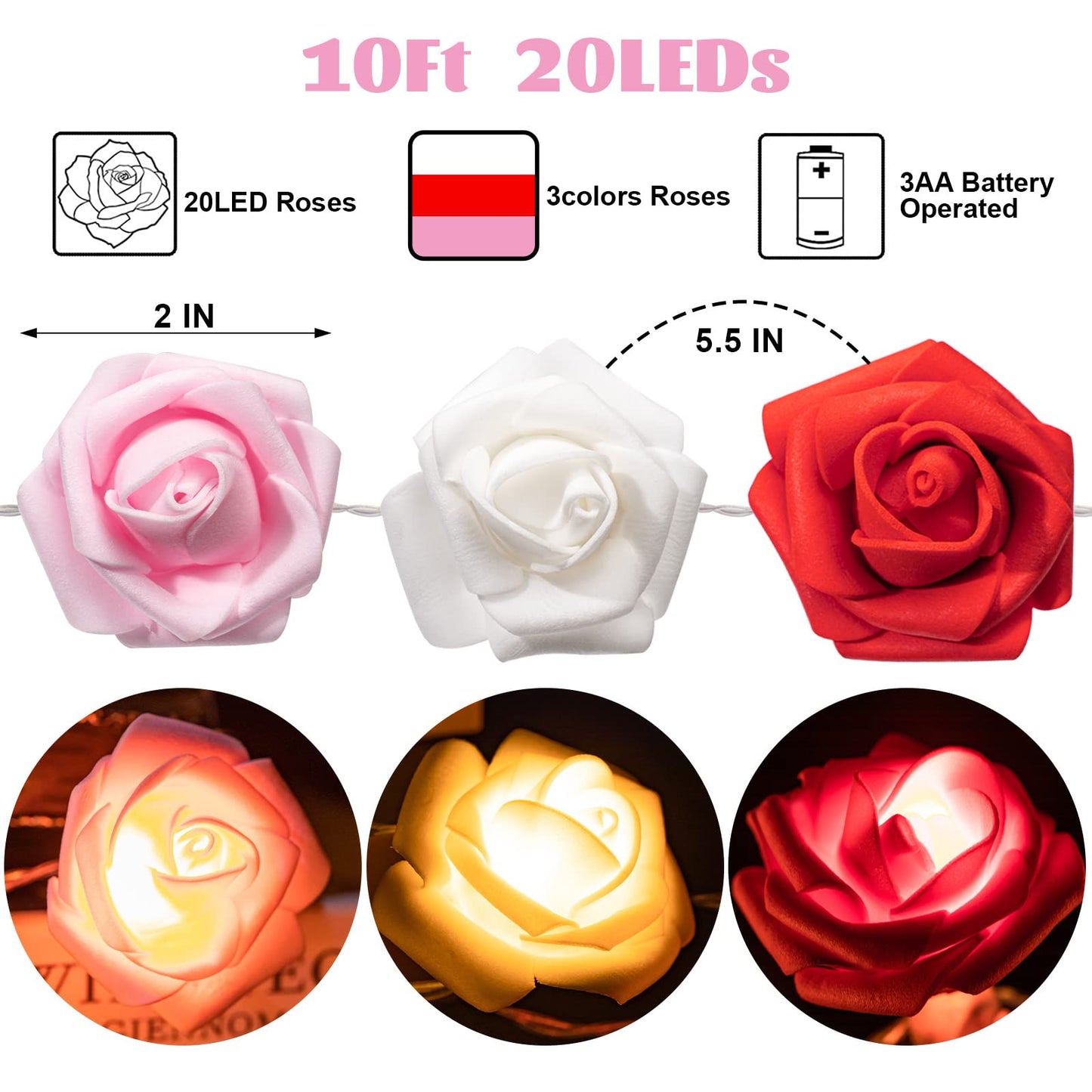 Rose Flower String Lights, 20 LED Battery Operated Romantic Red Pink White Rose Lights, 10Ft Artificial Flowers Garland Led Lights for Valentine's Day Wedding Indoor Outdoor Festival Party Decor