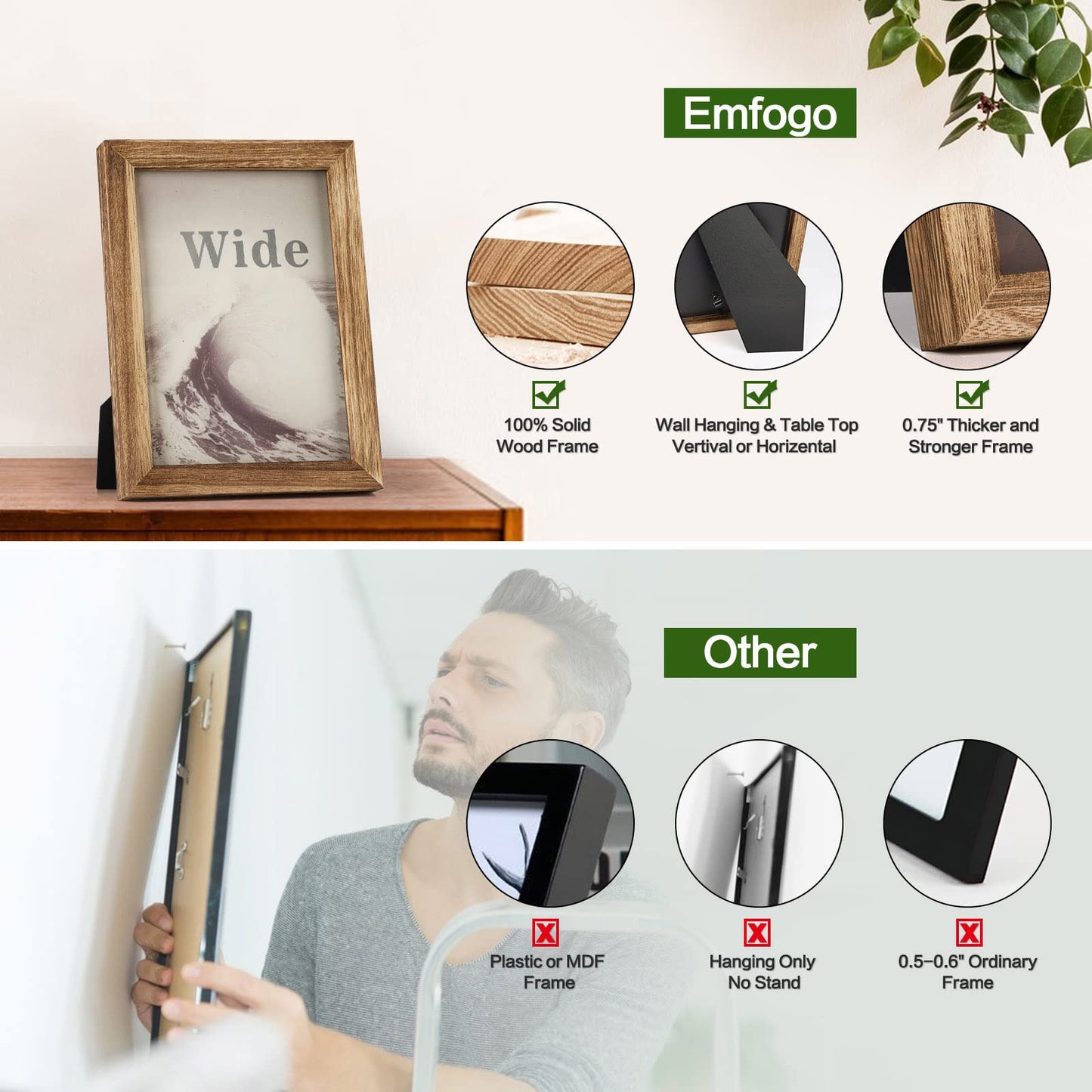 Emfogo 5x7 Picture Frame, Pack of 2 Rustic Picture Frames 5x7 with Real Glass, Solid Wood 5x7 Photo Frame for Table Top Display or Wall Mounted (Carbonized Brown)