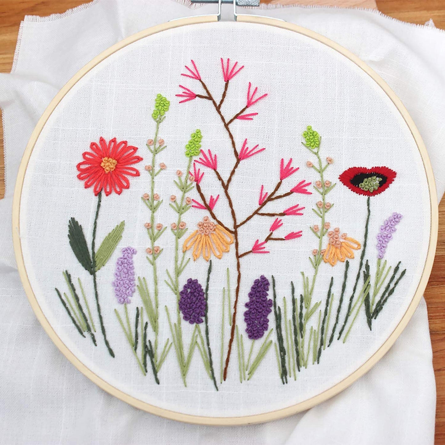 4 Sets Embroidery Starter Kit with Pattern and Instructions Cross Stitch Kit Includes 4Pcs Embroidery Clothes with Floral Pattern, 2 Pcs Embroidery Hoops, Scissor, Color Threads Needle Kit