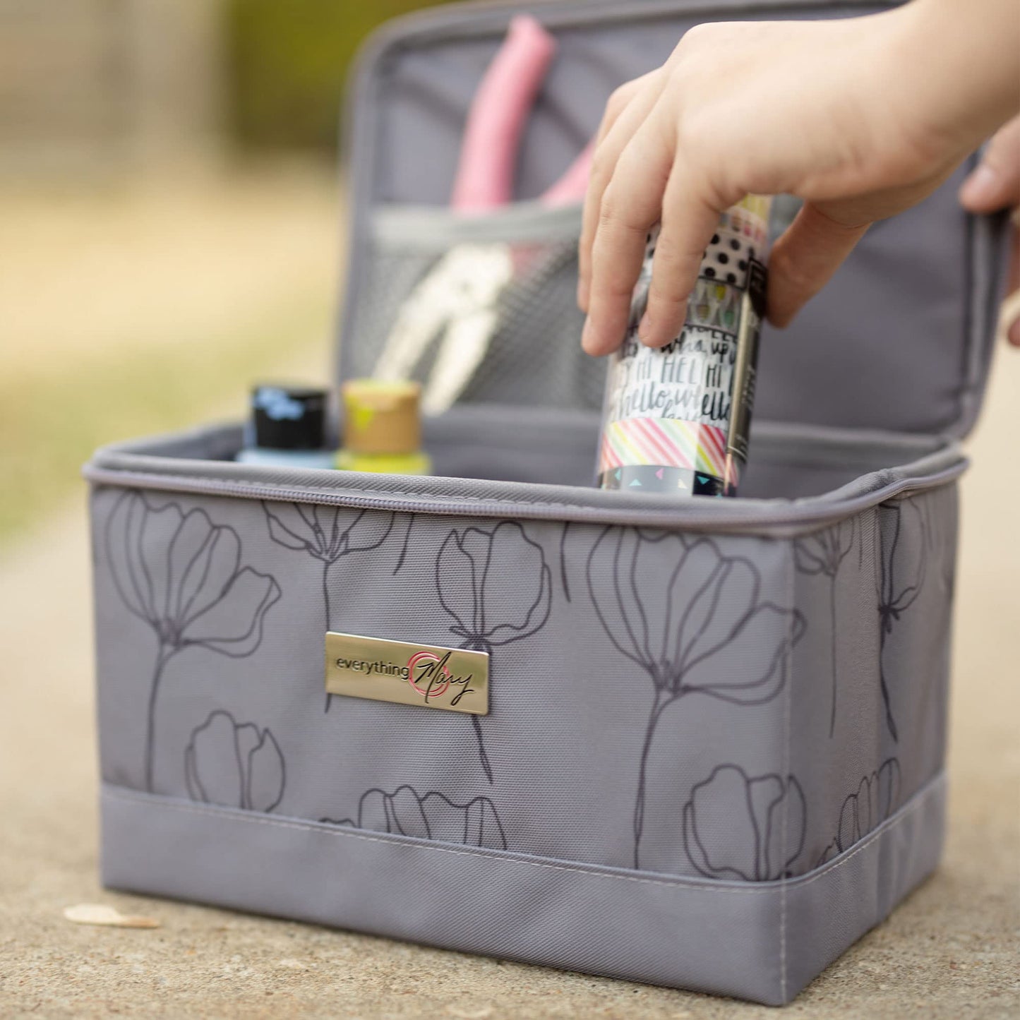 Everything Mary Collapsible Sewing Kit Organizer Box, Grey Floral - Supplies Storage Basket for Supplies and Accessories - Organization for Thread, Needles, Notions & Scissors