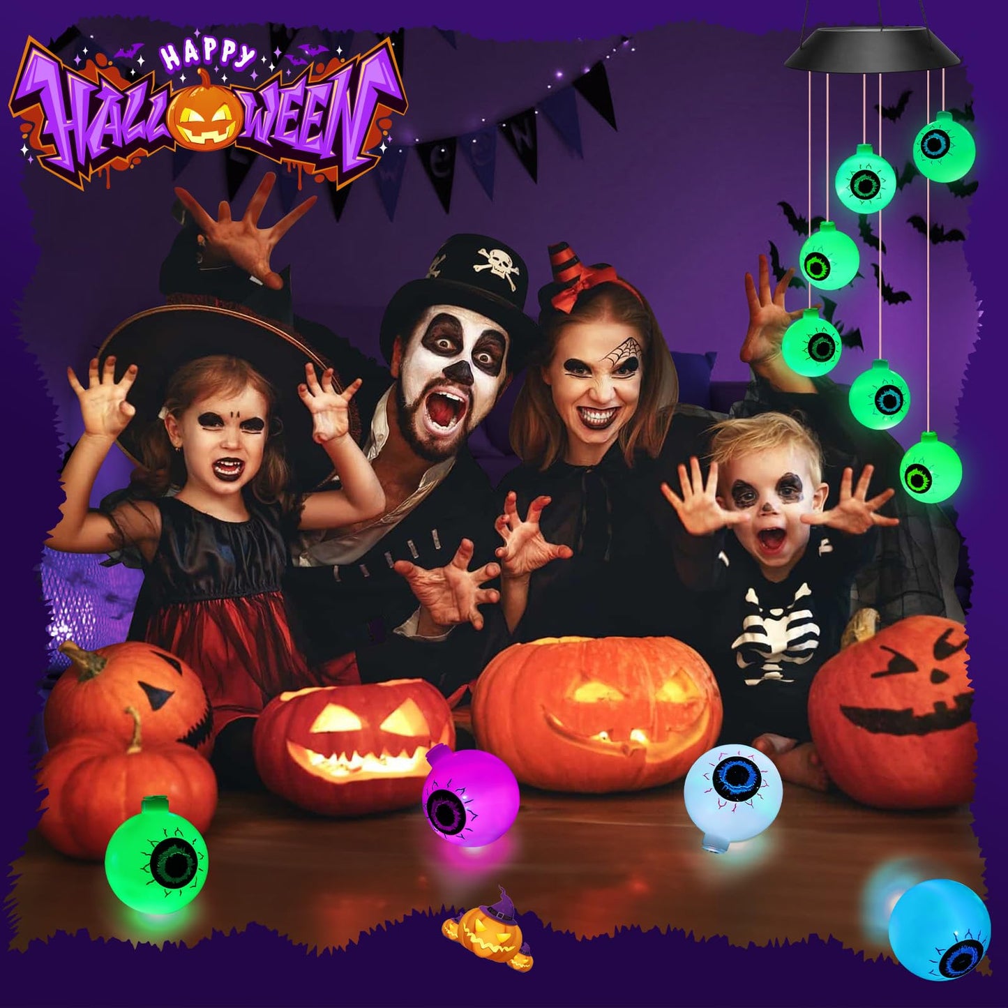 Winzwon Halloween Decorations Outside Solar Outdoor Lights Waterproof Eyeballs Wind Chimes for Party Yard Porch Patio Home Window Indoors Hanging Mobile Decor